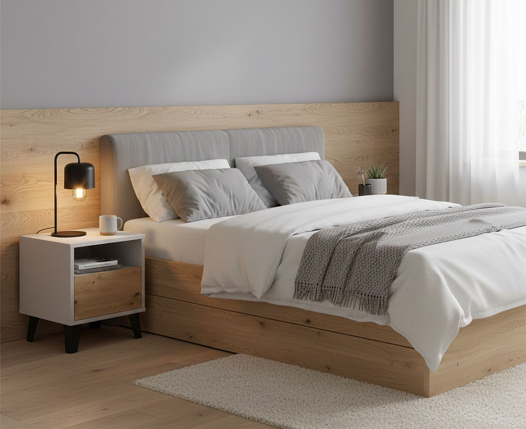 Sypialnia z szafką nocną na nóżkach Bilgo 7X kaszmir + dąb artisan