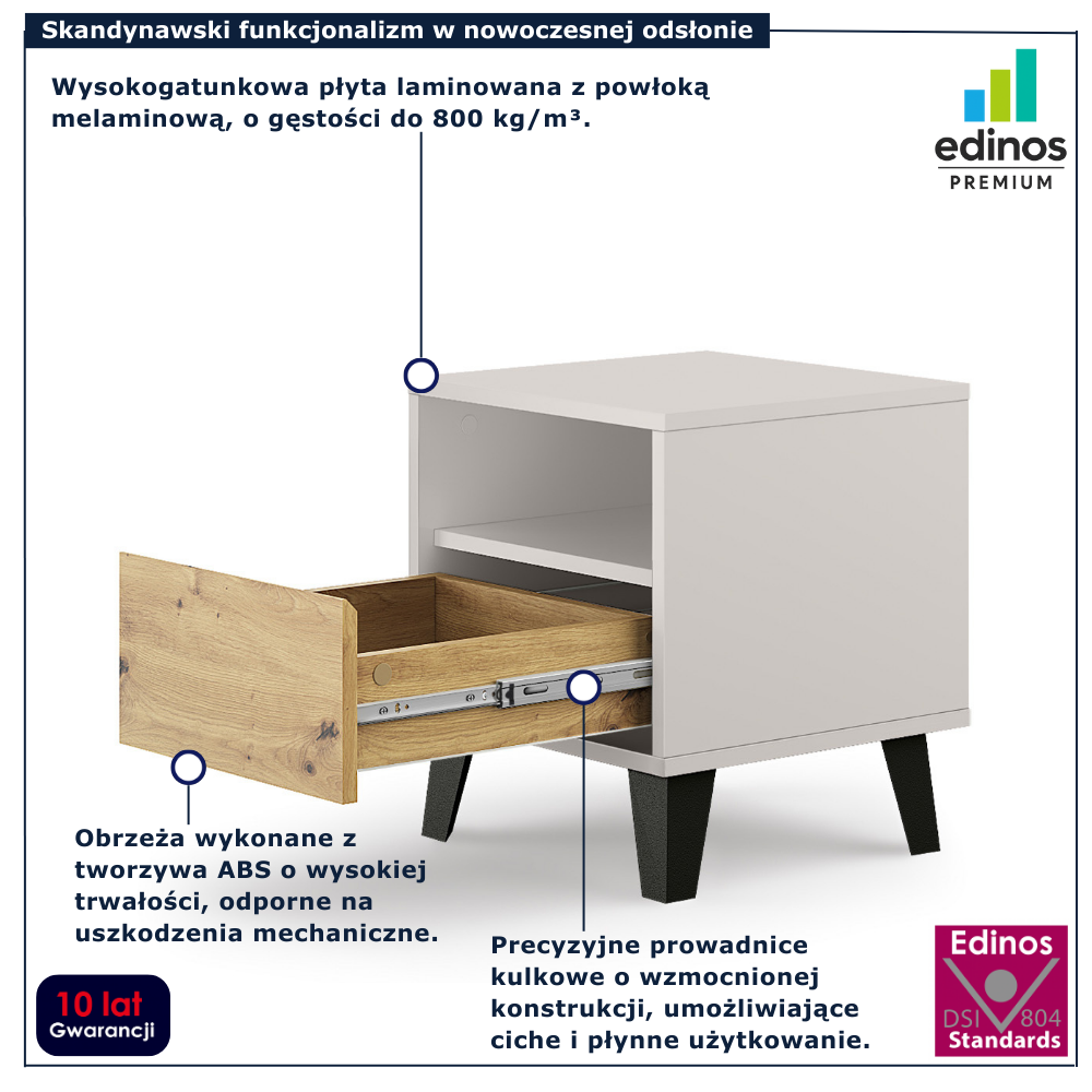 Stolik nocny z szuflada i półką Bilgo 7X kaszmir + dąb artisan