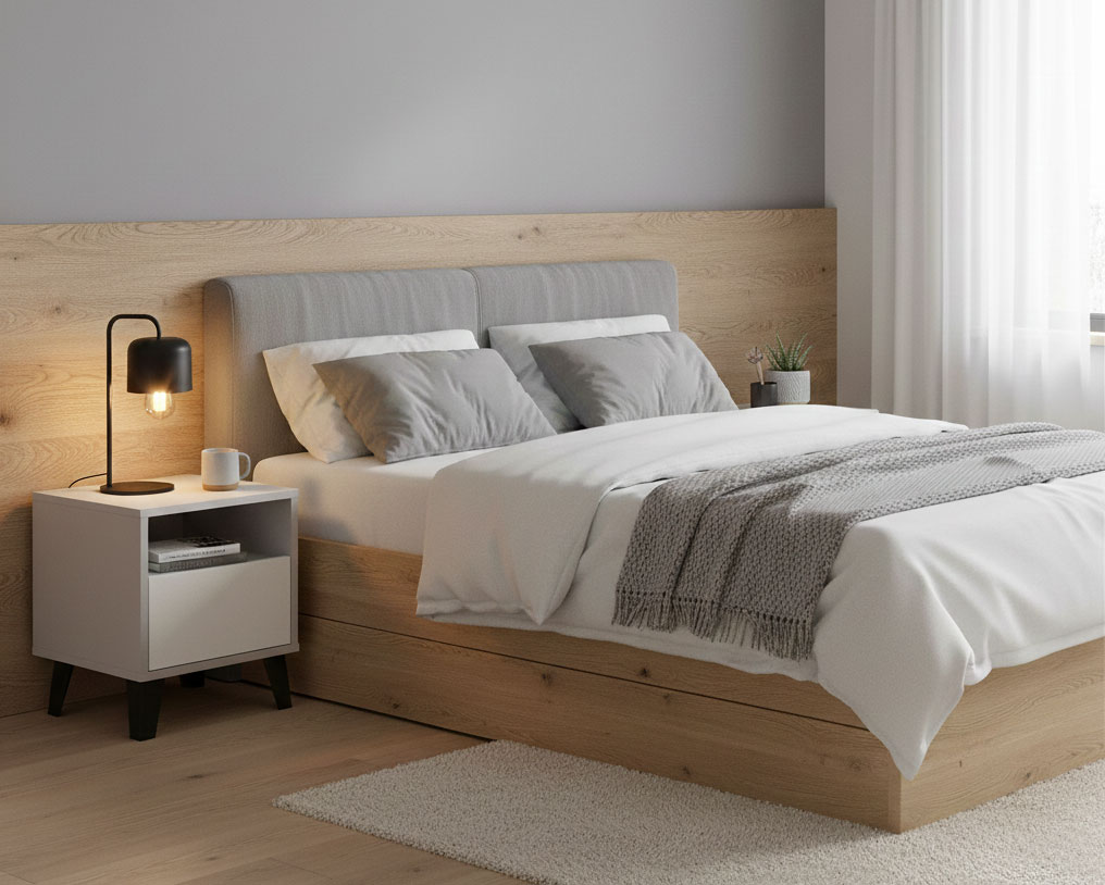 Aranżacja z wykorzystaniem szafki nocnej Bilgo 7X kaszmir + biały