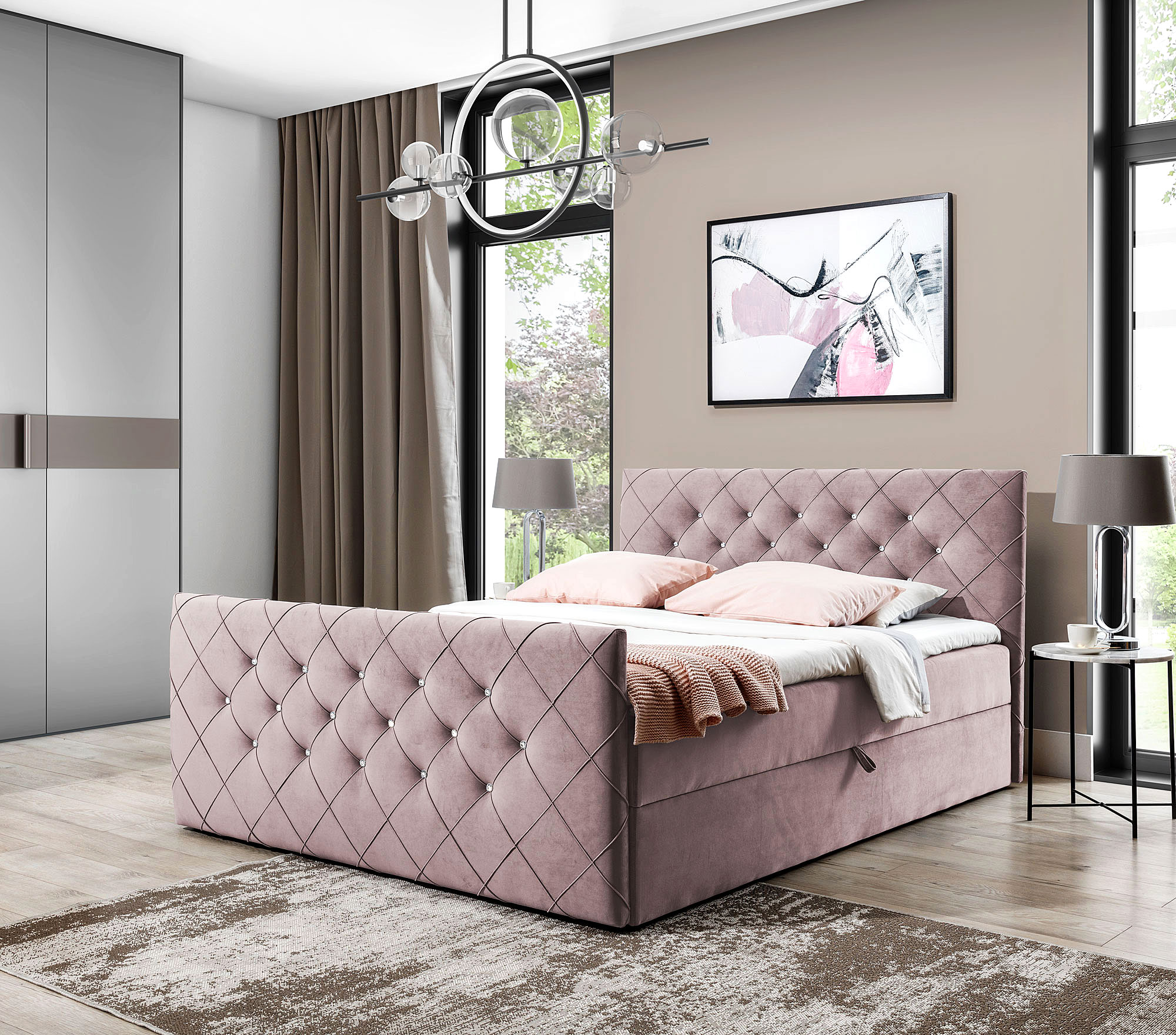Aranżacja wnętrza z różowym łóżkiem kontynentalnym Celivera