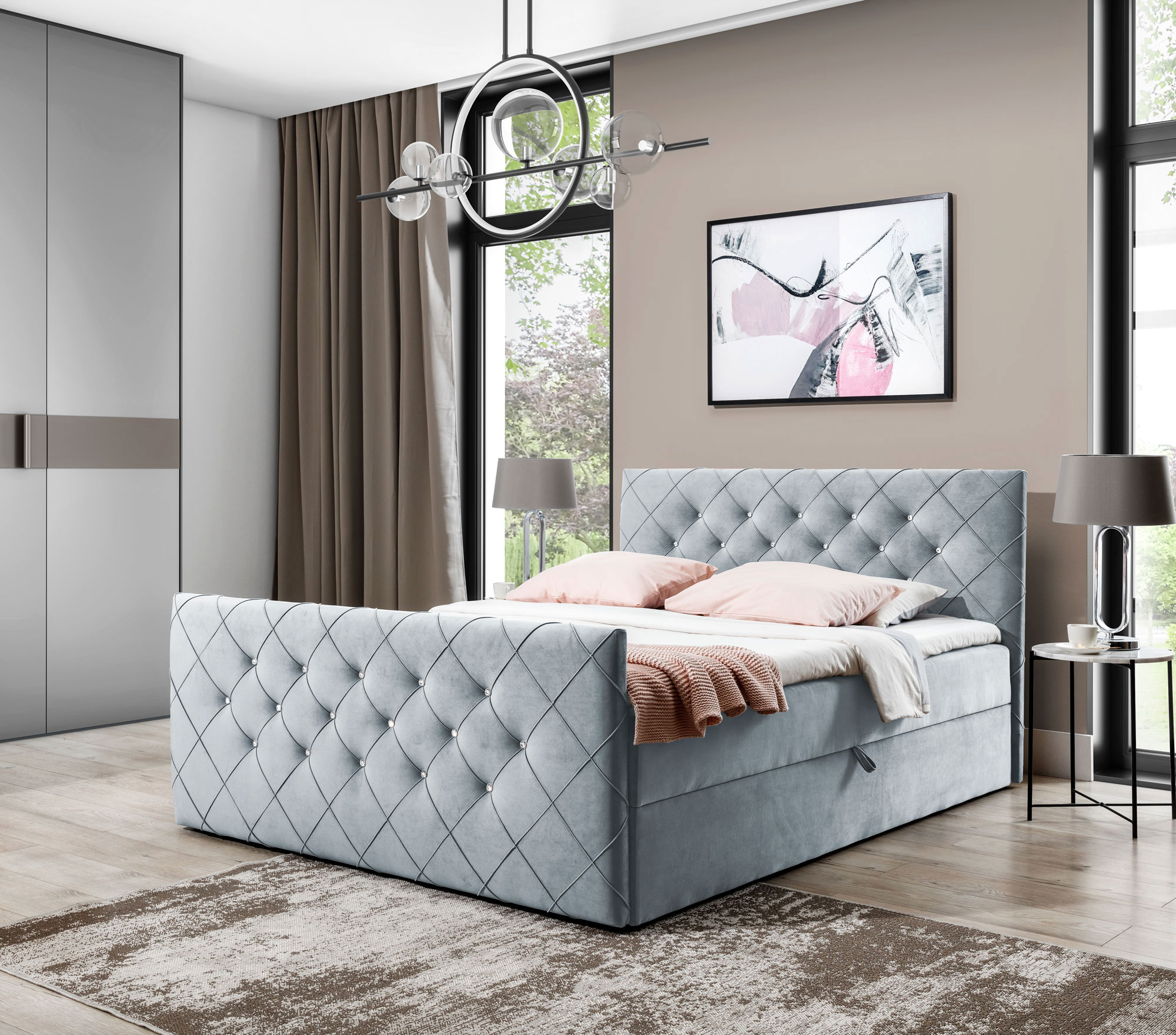 Aranżacja wnętrza z jasnoszarym łóżkiem kontynentalnym Celivera