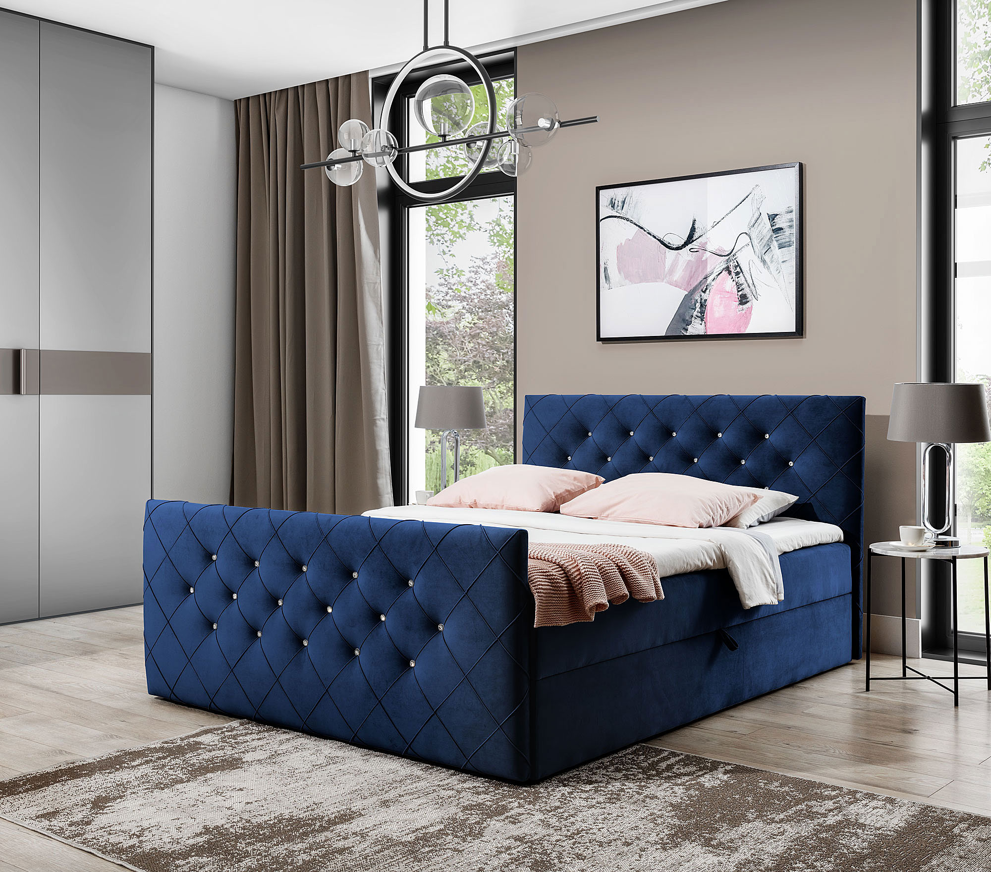 Aranżacja wnętrza z granatowym łóżkiem kontynentalnym Celivera
