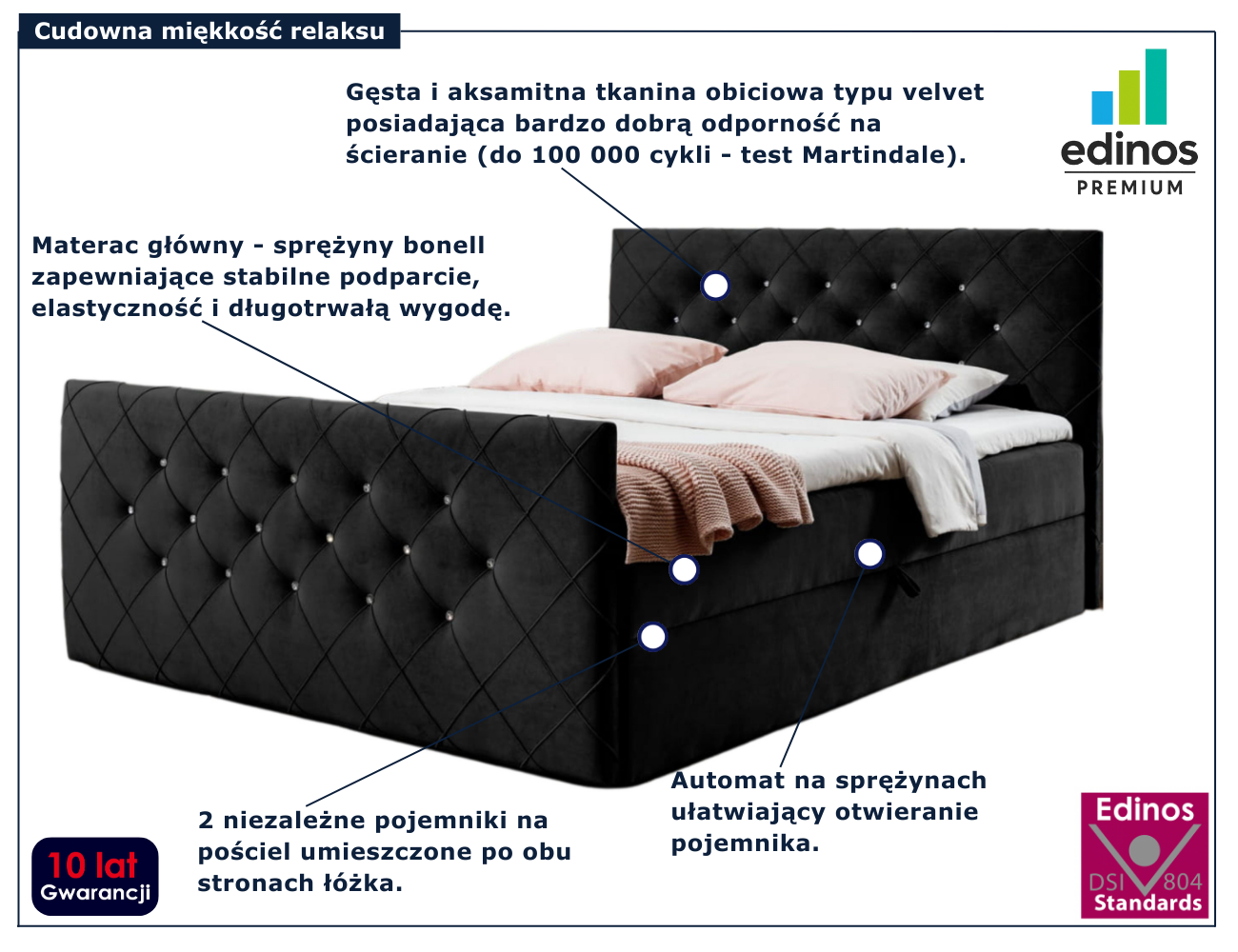 Czarne nowoczesne łóżko kontynentalne Celivera