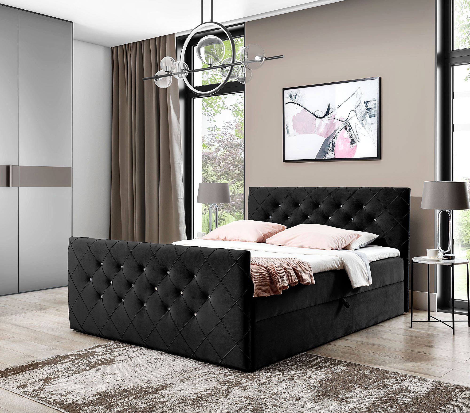 Aranżacja wnętrza z czarnym łóżkiem kontynentalnym Celivera