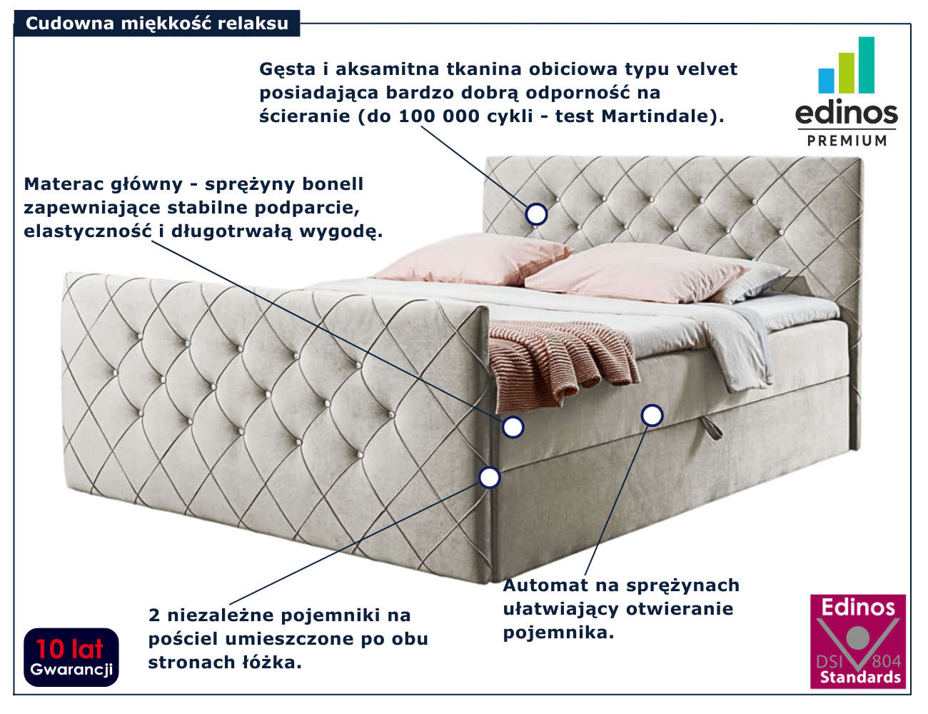 Kremowe nowoczesne łóżko kontynentalne Celivera