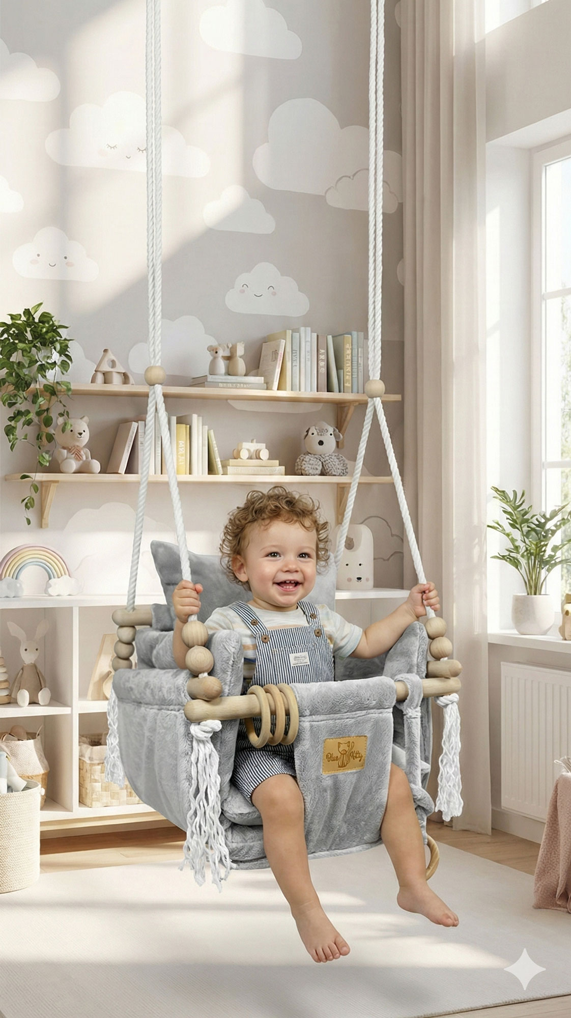 Pokój dziecka z wykorzystaniem drewnianej huśtawki edukacyjnej Papios szary minky