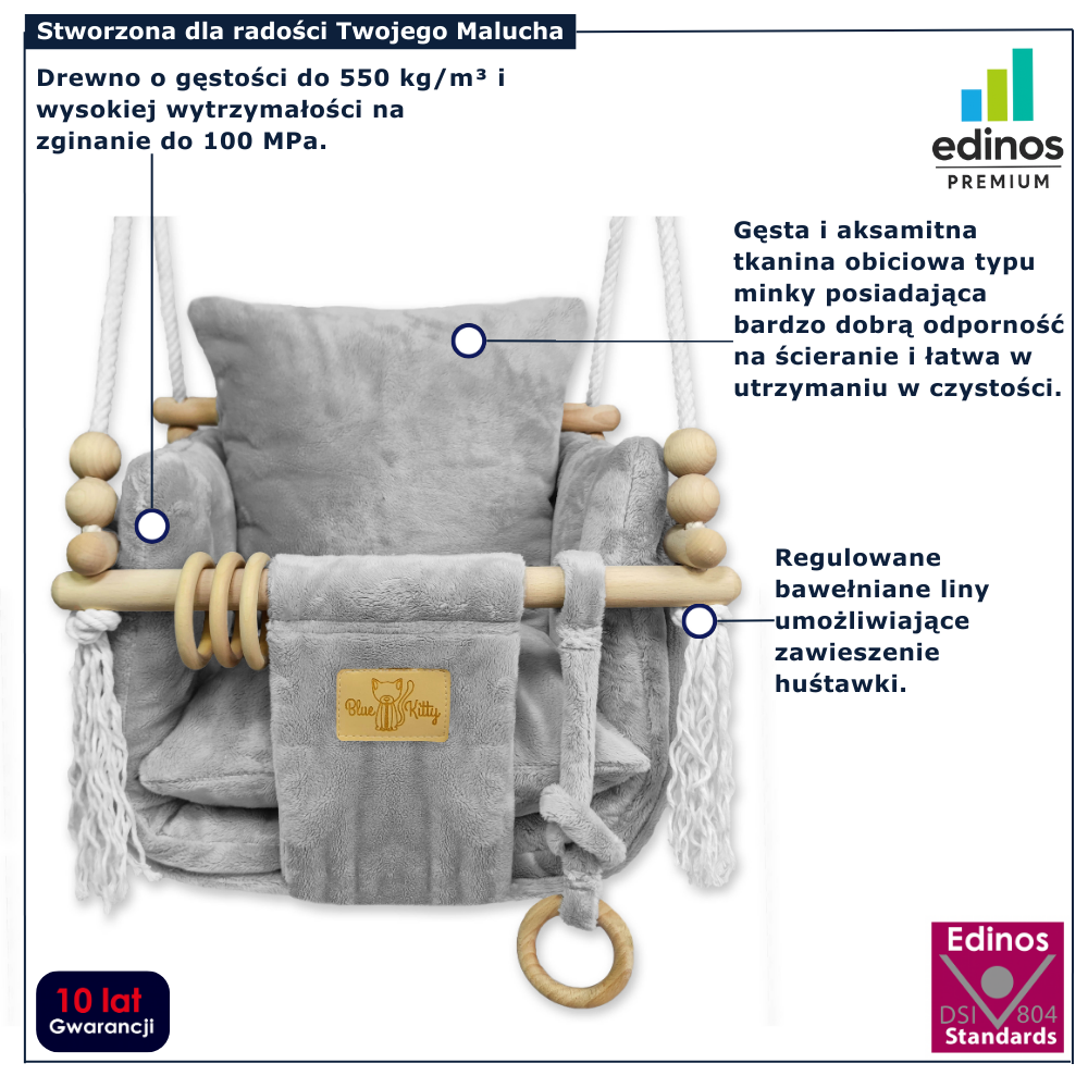 Szara huśtawka dla niemowlaka z oparciem i zabawkami Papios minky