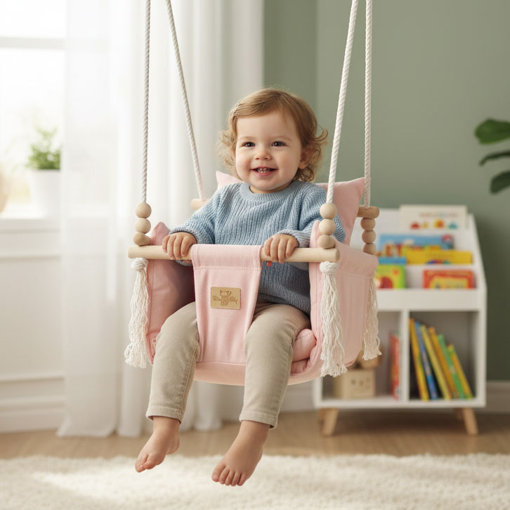 Pokój dzieciecy z wykorzystaniem różowej huśtawki Papios róż velvet