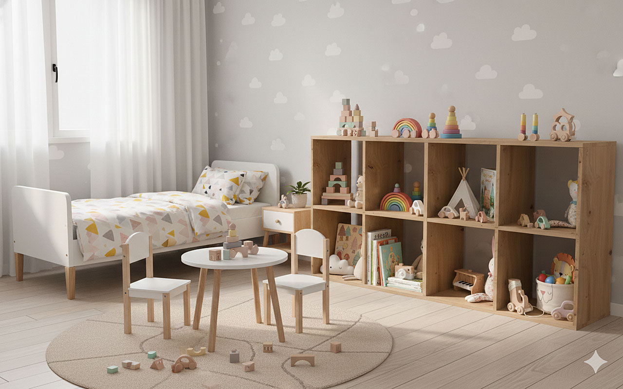 Aranżacja wnętrza z regałem na zabawki Atela 5X