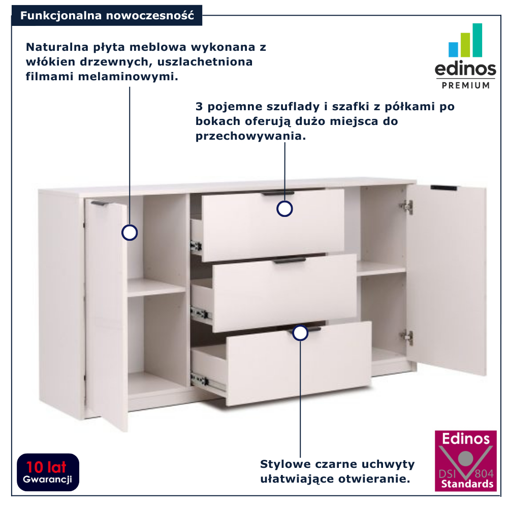 Beżowa komoda z 3 szufladami do salonu nowoczesnego Fassia 3X kaszmir połysk