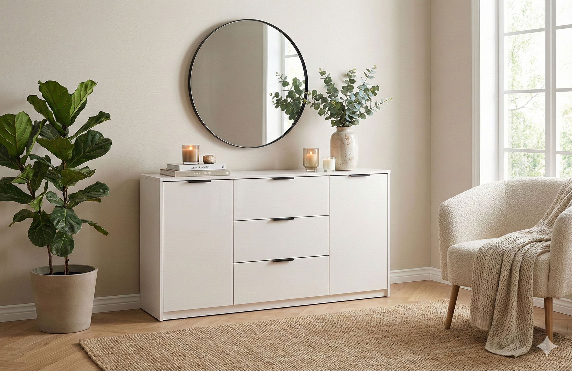 Nowoczesne wnętrze z wykorzystaniem kaszmirowej komody w połysku Fassia 3X