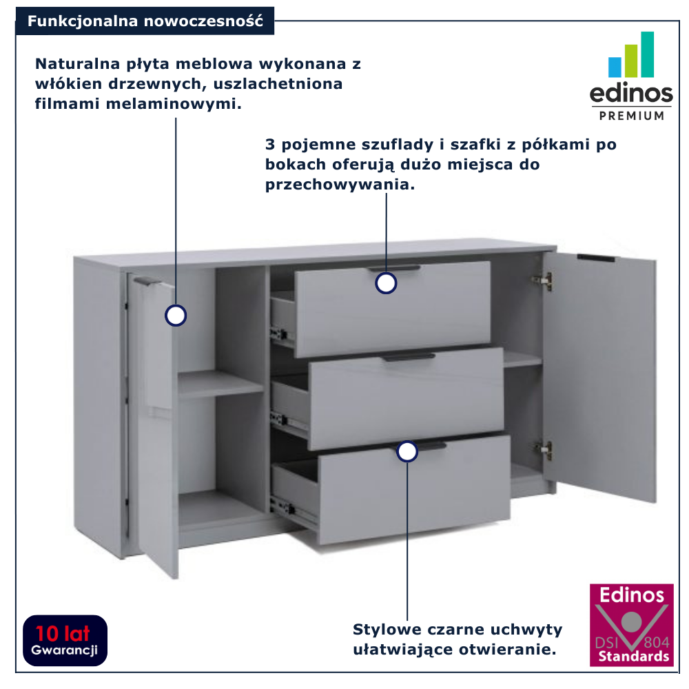 Szara komoda z 3 szufladami do sypialni Fassia 3X szary połysk