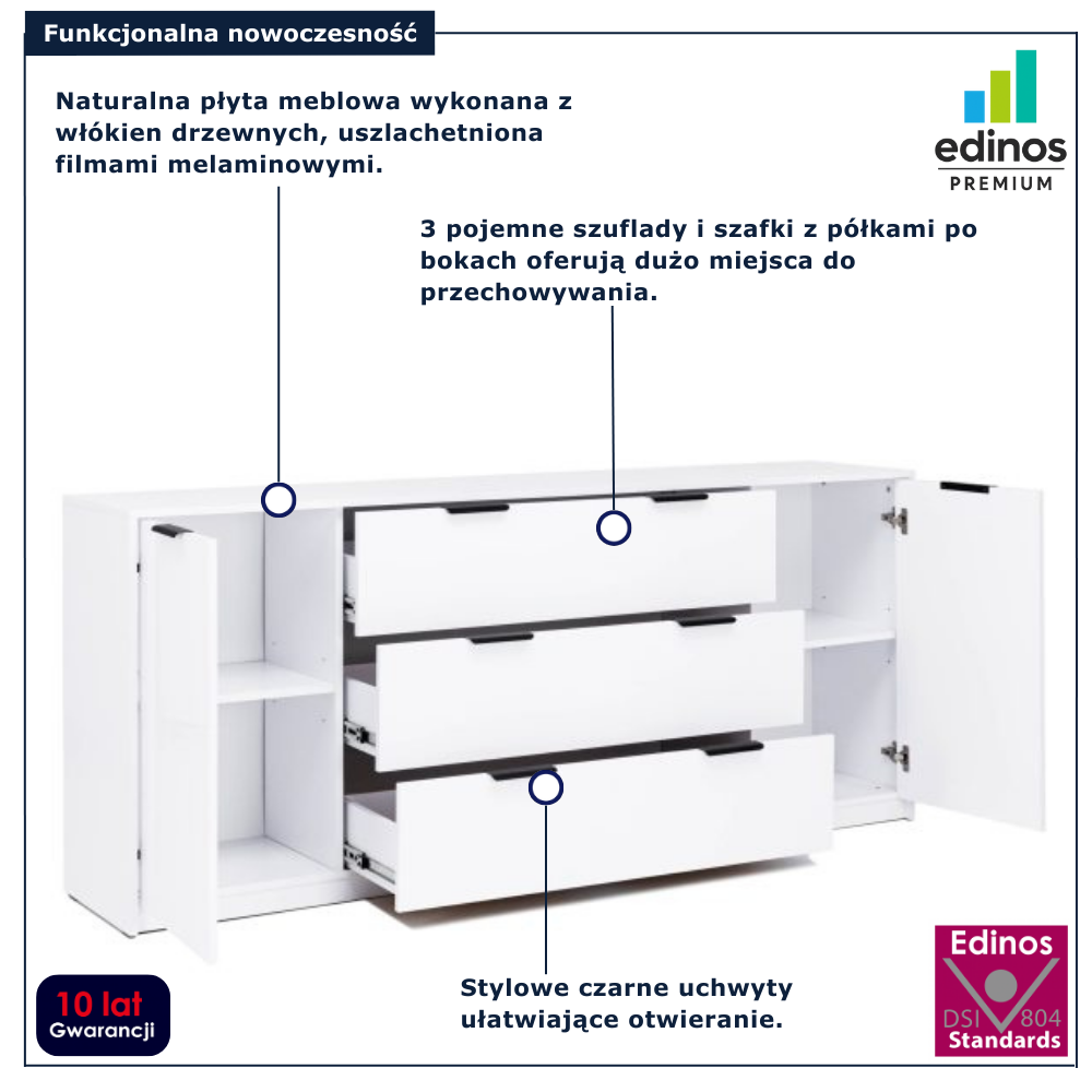 Nowoczesna komoda z 3 szufladami do sypialni Fassia 4X biały połysk