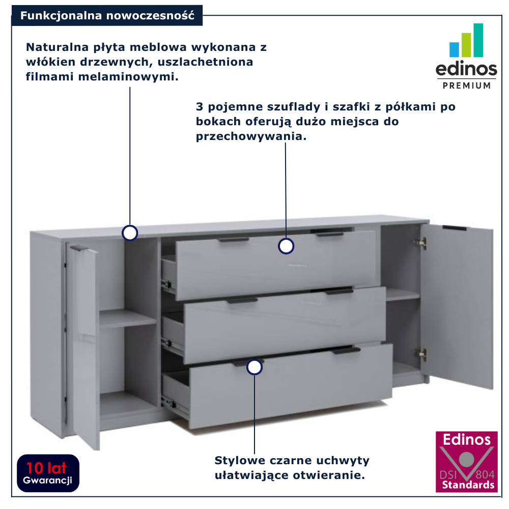Długa komoda z 3 szufladami do sypialni Fassia 4X szary połysk