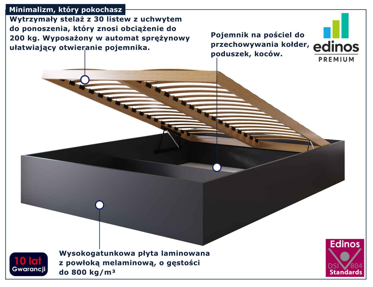 Czarne łóżko bez zagłówka do sypialni w stylu skandynawskim Niri 3X