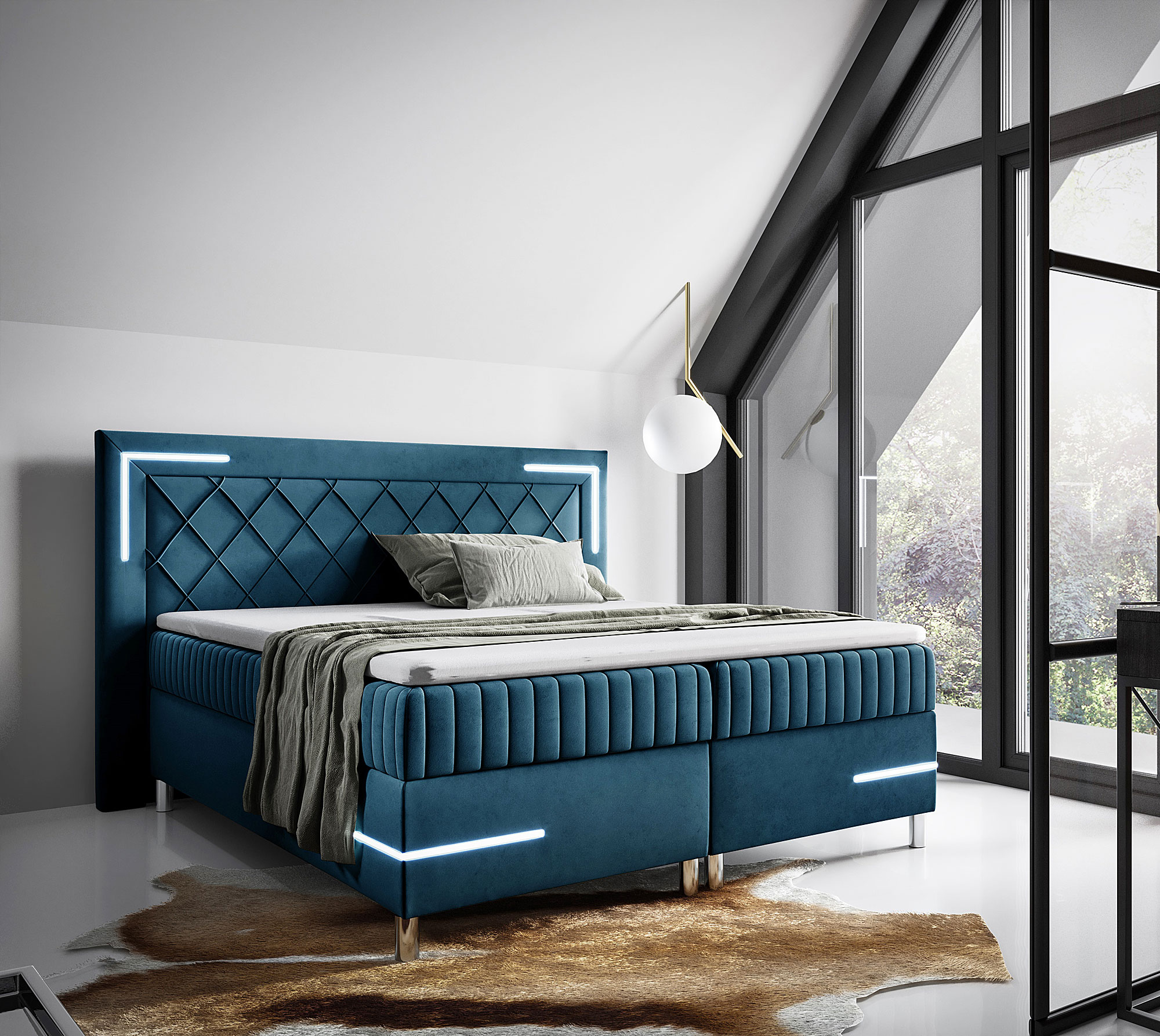 Aranżacja wnętrza z niebieskim łóżkiem kontynentalnym Solterro