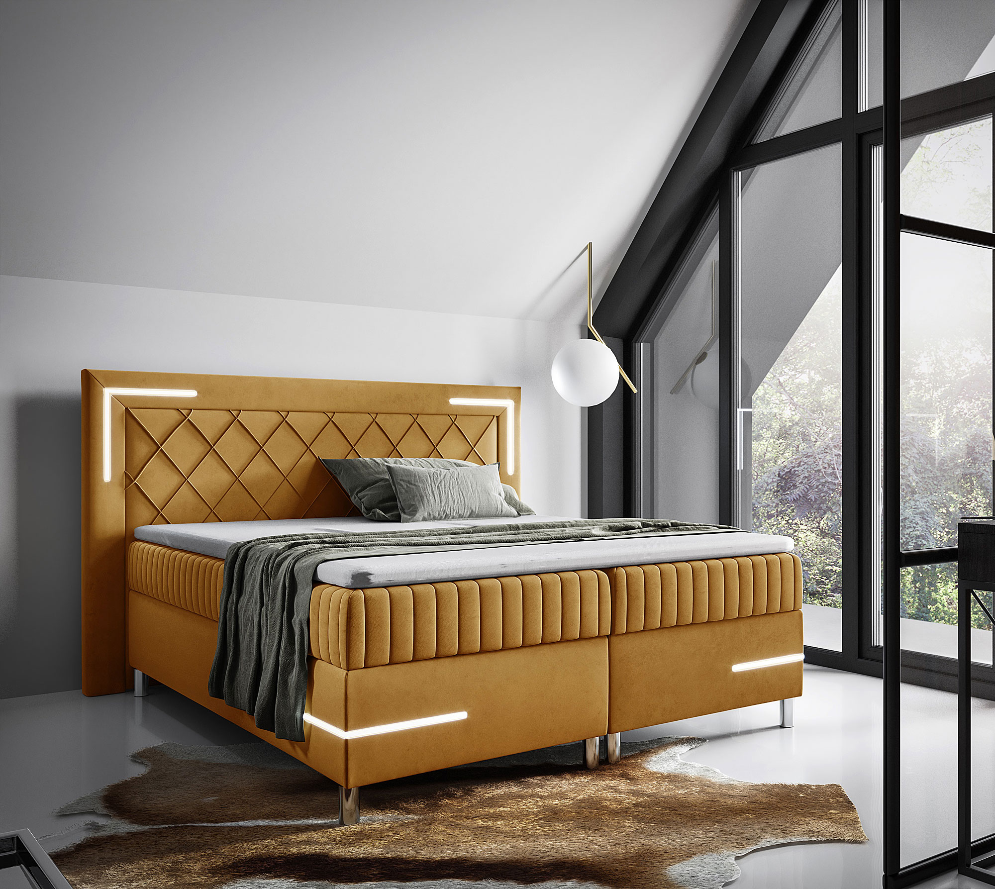 Aranżacja wnętrza z musztardowym łóżkiem kontynentalnym Solterro