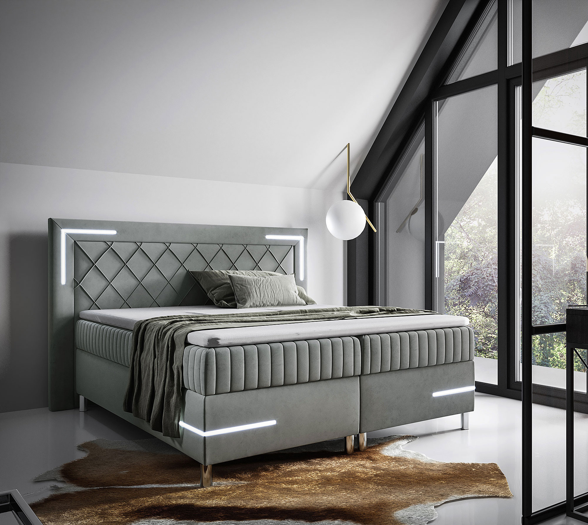 Aranżacja wnętrza z ciemnoszarym łóżkiem kontynentalnym Solterro