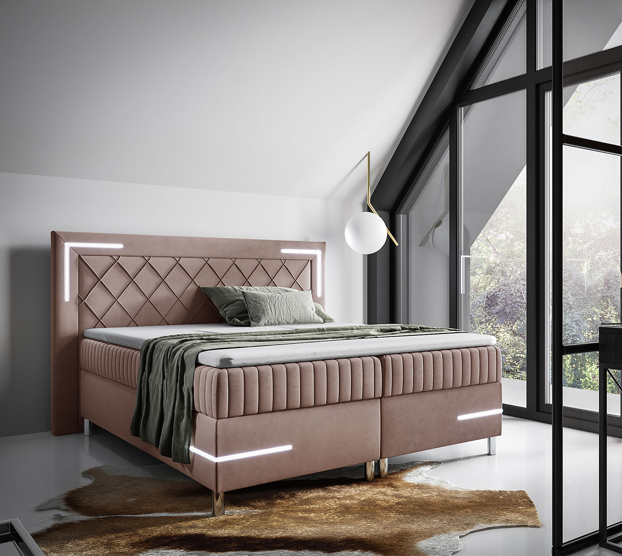 Aranżacja wnętrza z różowym łóżkiem kontynentalnym Solterro