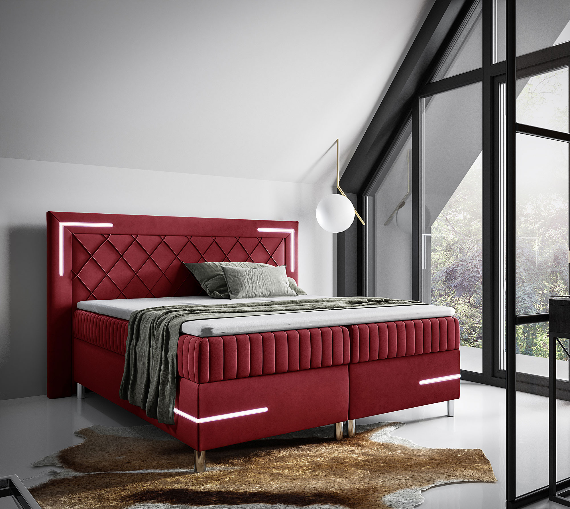 Aranżacja wnętrza z czerwonym łóżkiem kontynentalnym Solterro