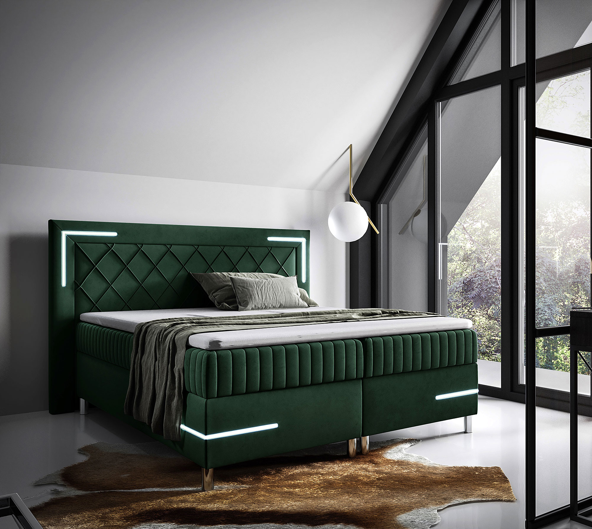 Aranżacja wnętrza z zielonym łóżkiem kontynentalnym Solterro
