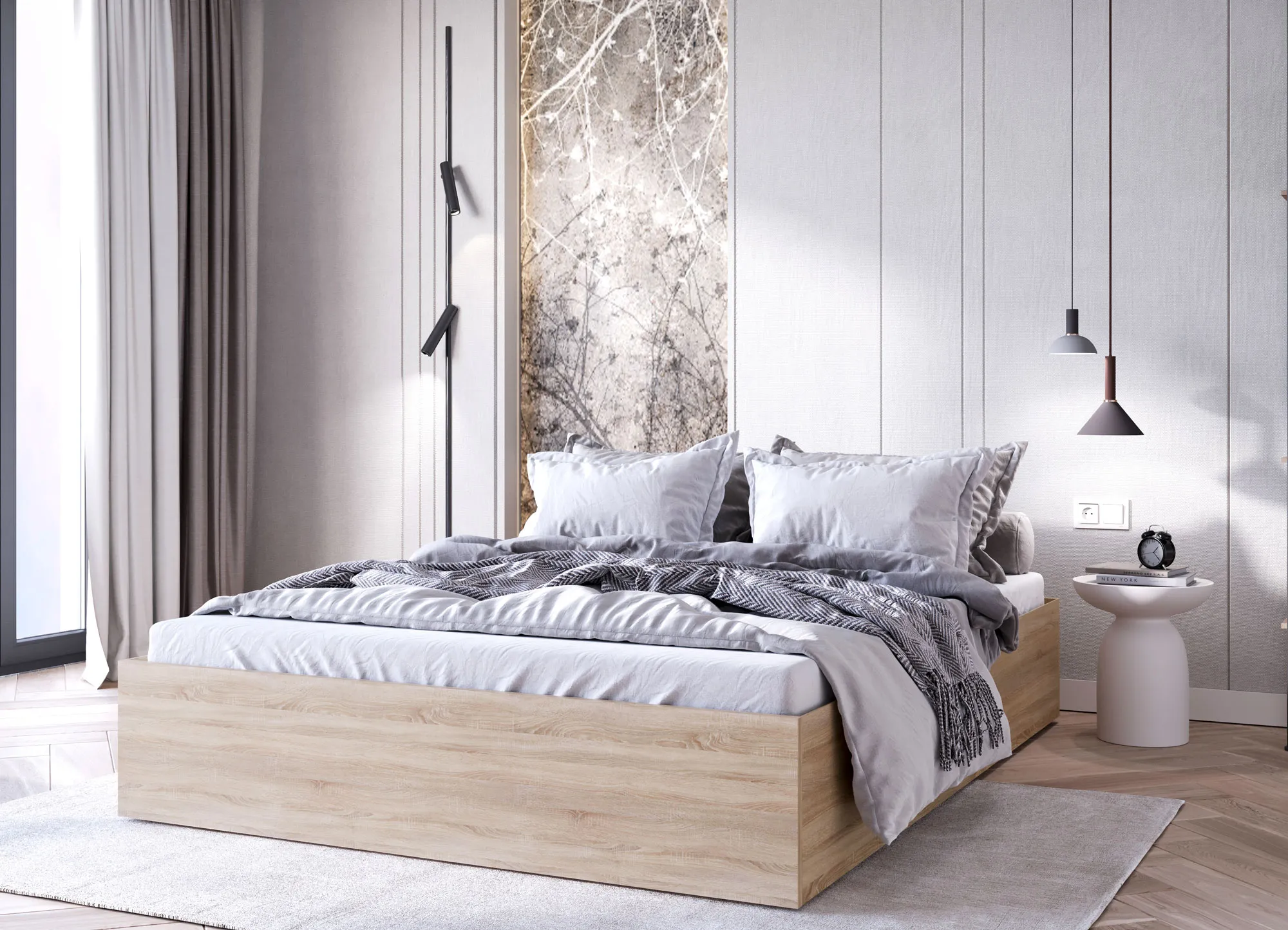 Sypialnia z łóżkiem bez zagłówka Niri 4X dąb sonoma
