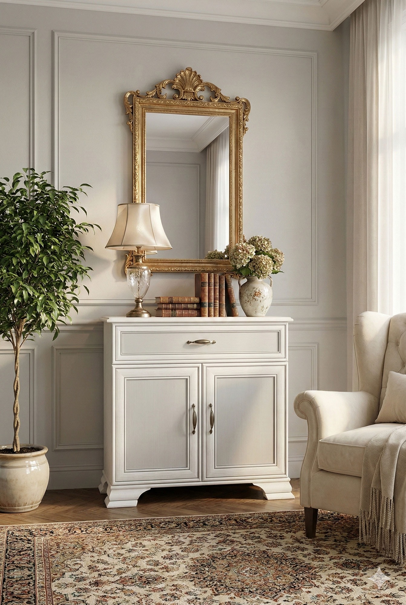 Klasyczne wnętrze z wykorzystaniem eleganckiej komody Traviosa 3X fineline crema