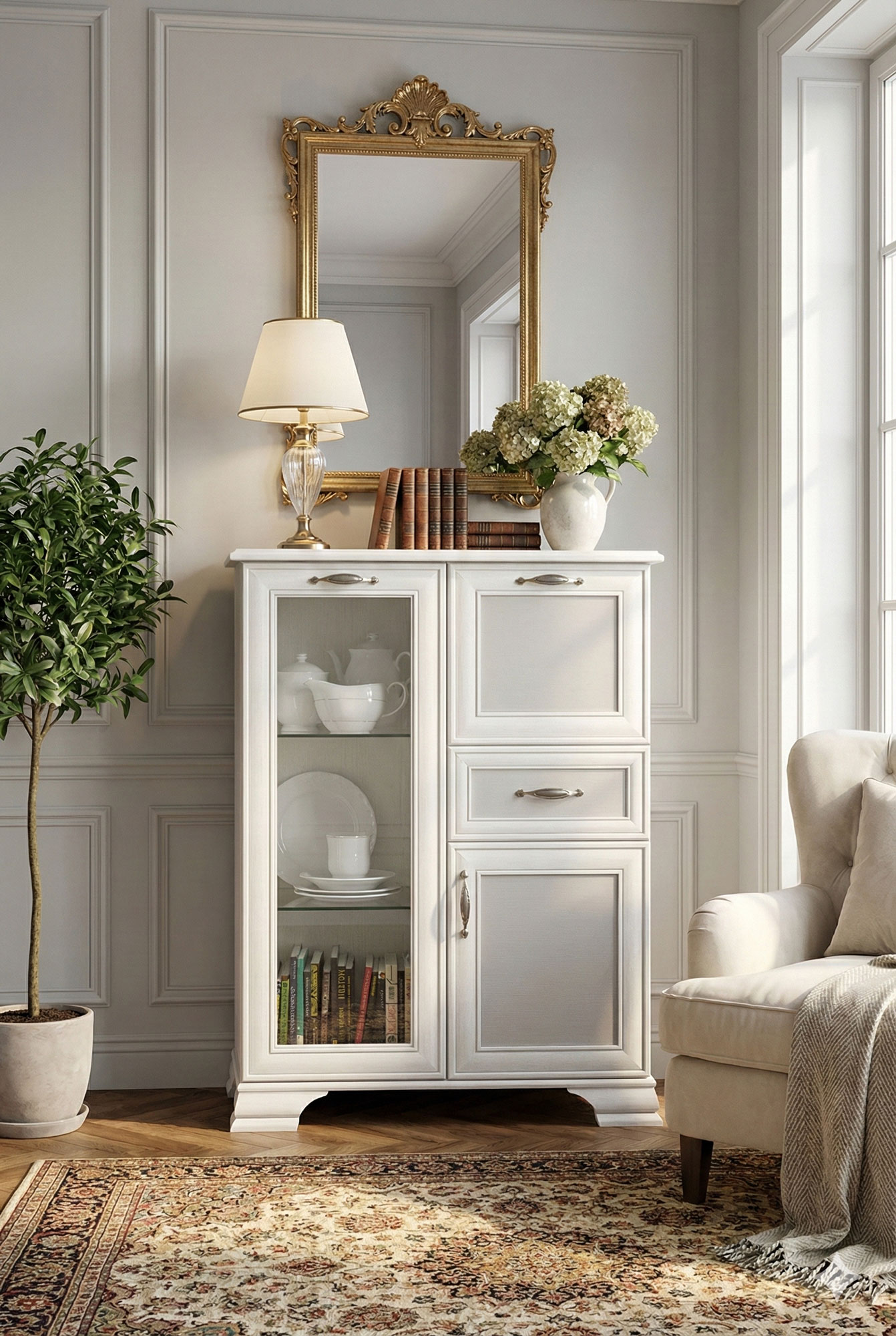 Wnętrze z wykorzystaniem eleganckiej komody z witryną Traviosa 5X fineline crema