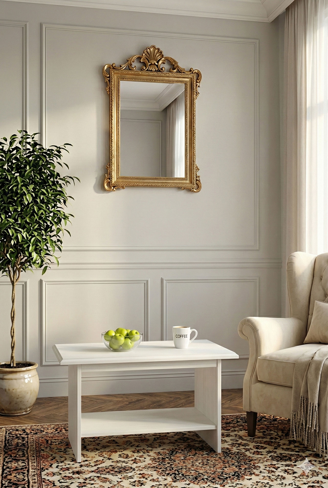 Aranżacja z wykorzystaniem ławy kawowej z półką Traviosa 6X Fineline crema