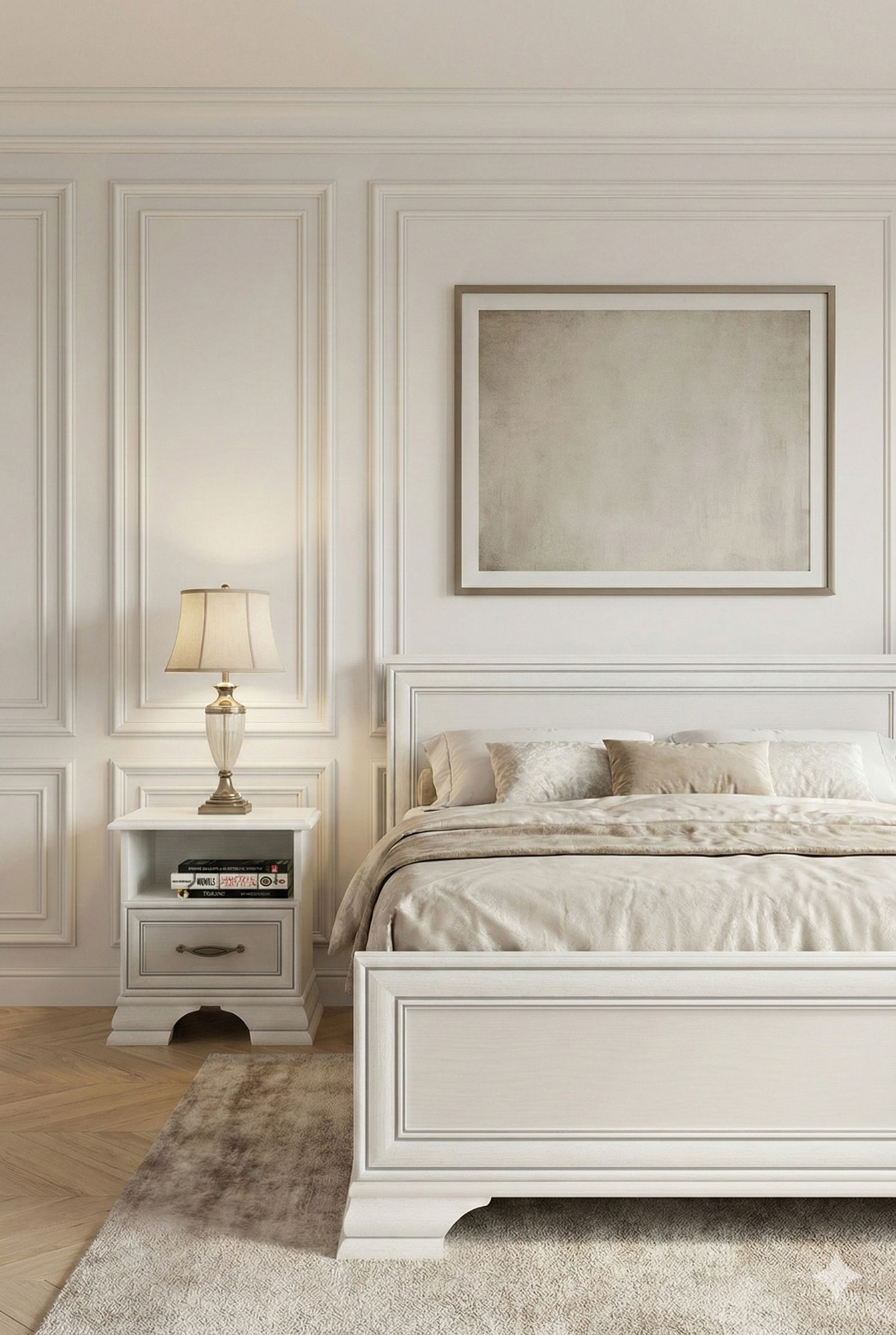 Sypialnia z wykorzystaniem szafki nocnej Traviosa 16X fineline crema