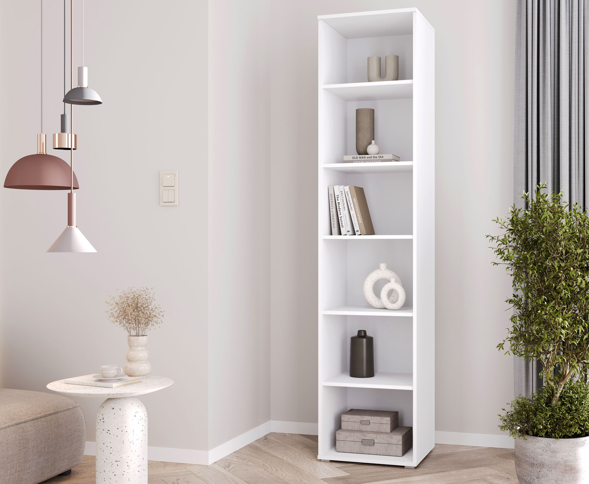 Aranżacja z wykorzystaniem białego regału Aneris 3X