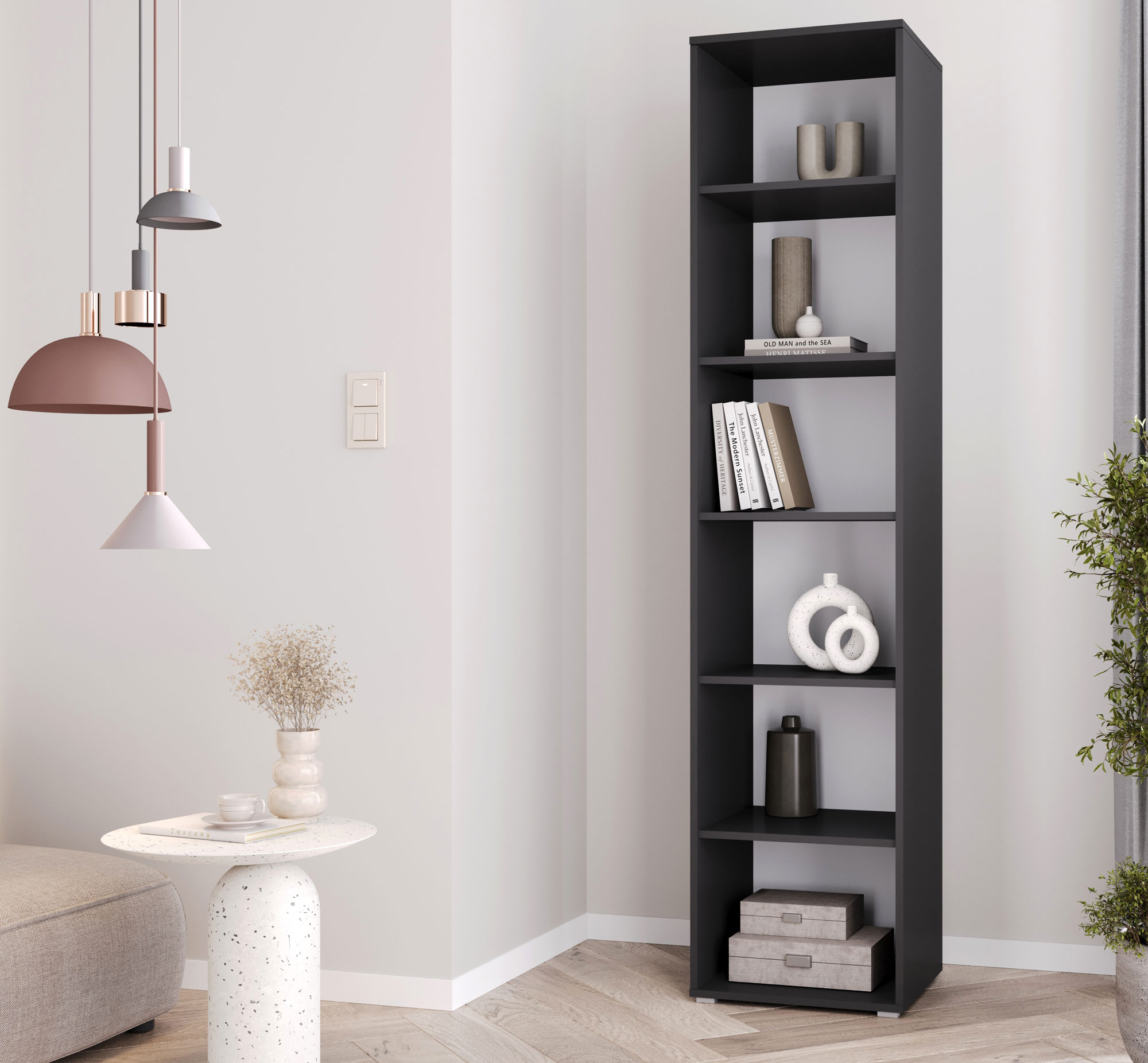 Wnętrze z czarnym regałem Aneris 3X