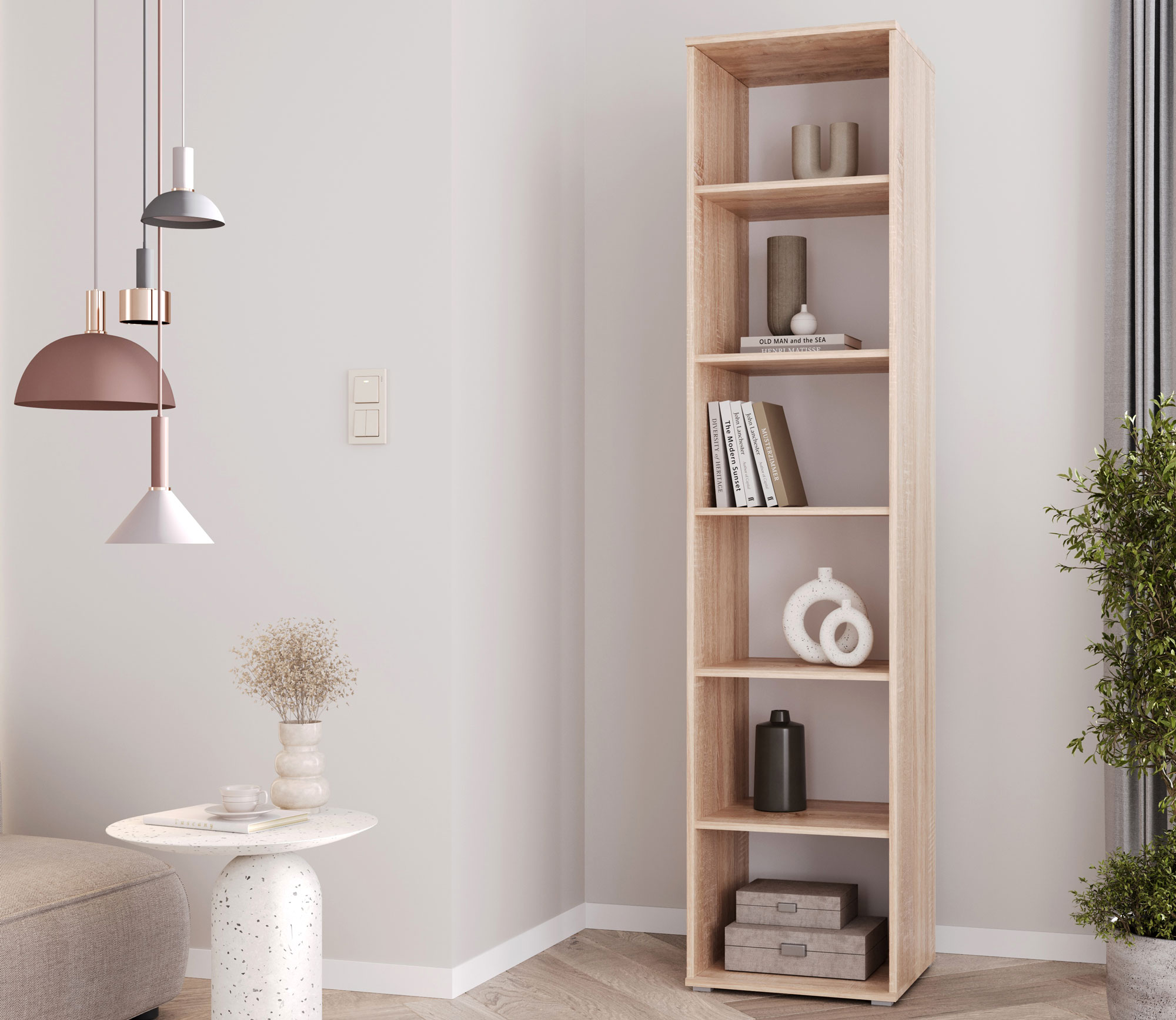 Przykładowa aranżacja z regałem dąb sonoma Aneris 3X