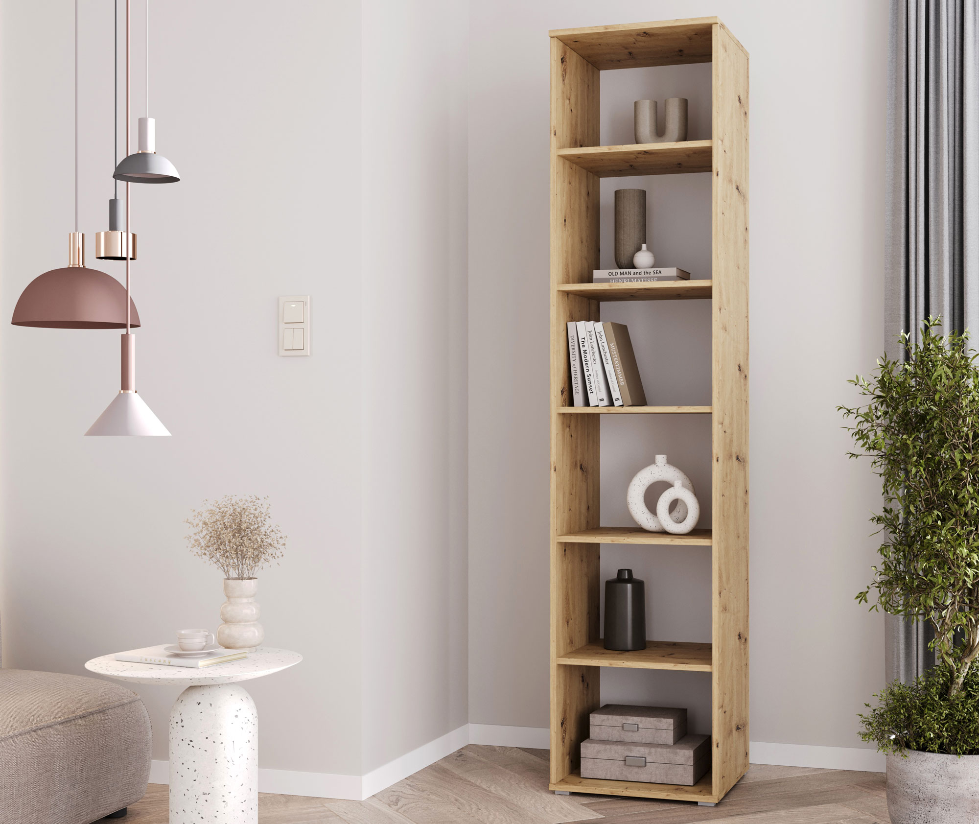 Przykładowa aranżacja z regałem dąb artisan Aneris 3X