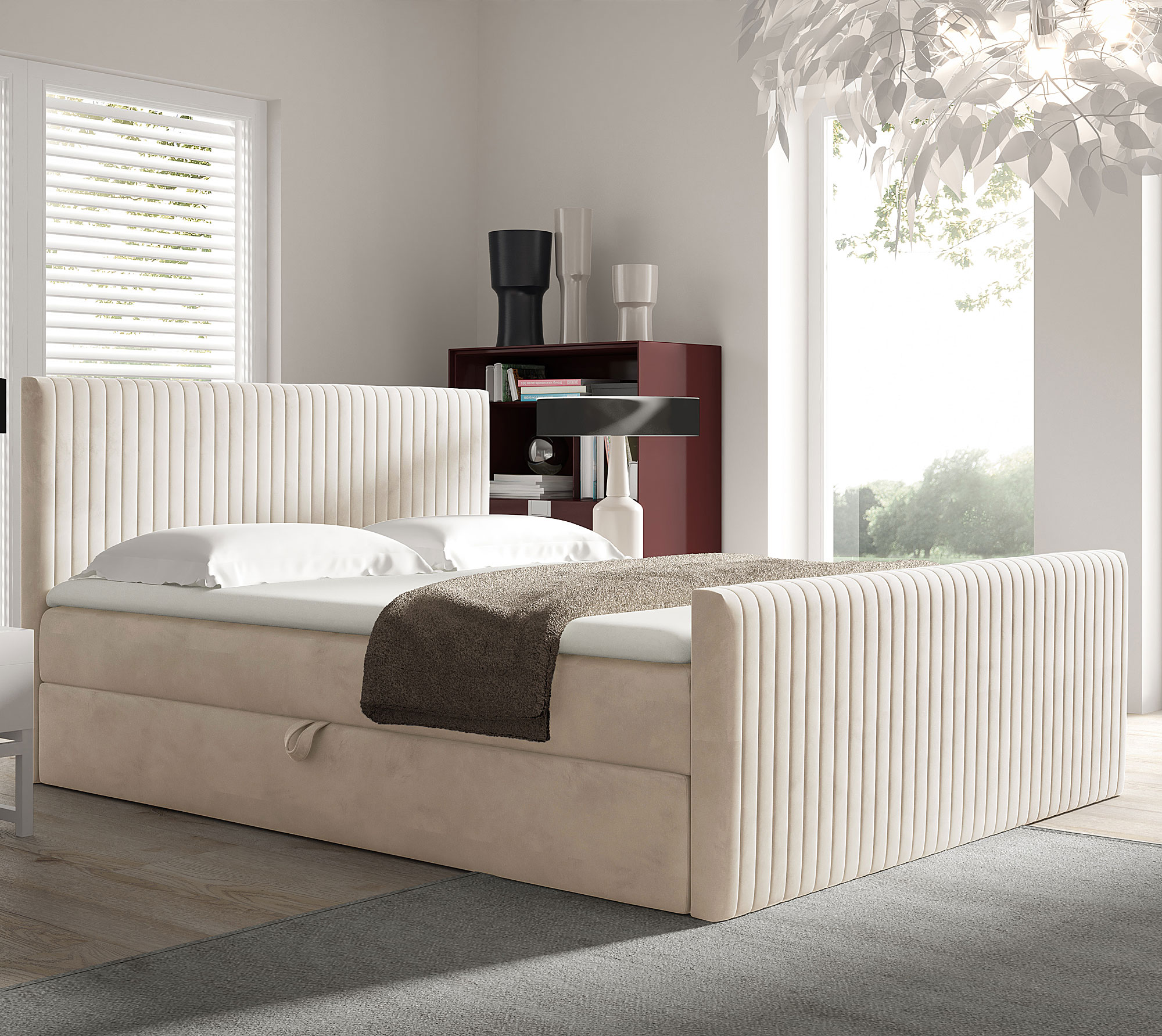 Aranżacja wnętrza z beżowym łóżkiem kontynentalnym Naverro