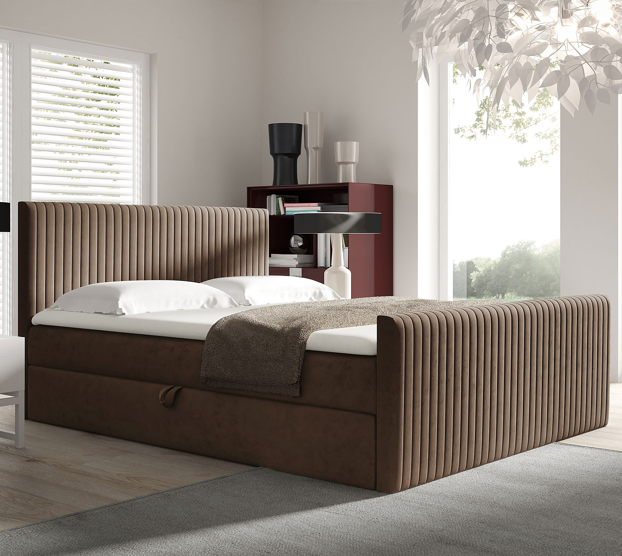 Aranżacja wnętrza z brązowym łóżkiem kontynentalnym Naverro