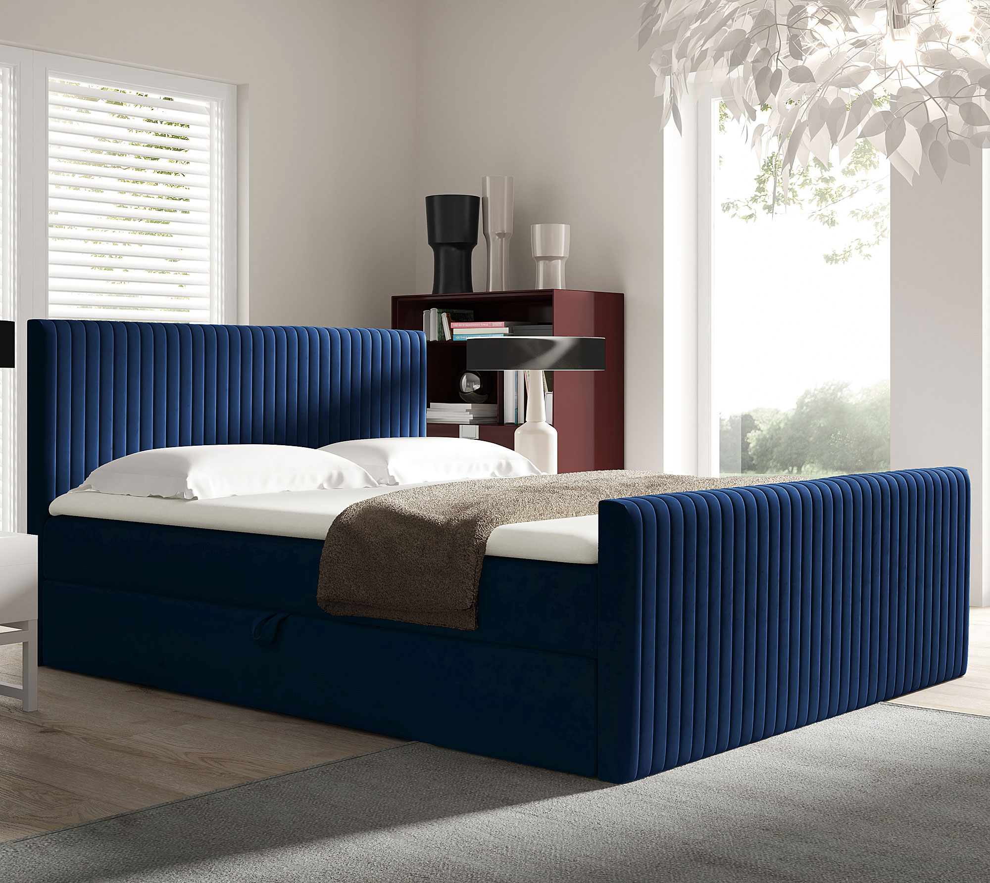 Aranżacja wnętrza z granatowym łóżkiem kontynentalnym Naverro