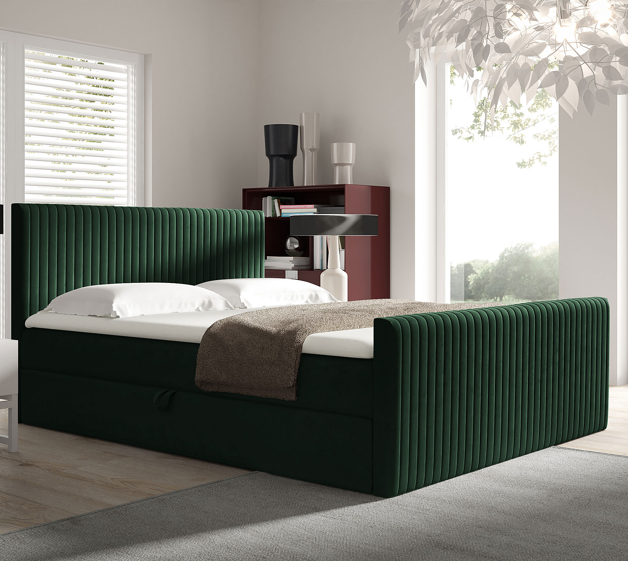 Aranżacja wnętrza z zielonym łóżkiem kontynentalnym Naverro