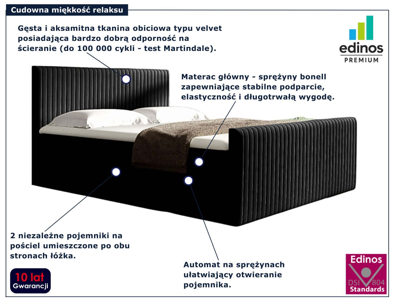 Czarne nowoczesne łóżko kontynentalne Naverro