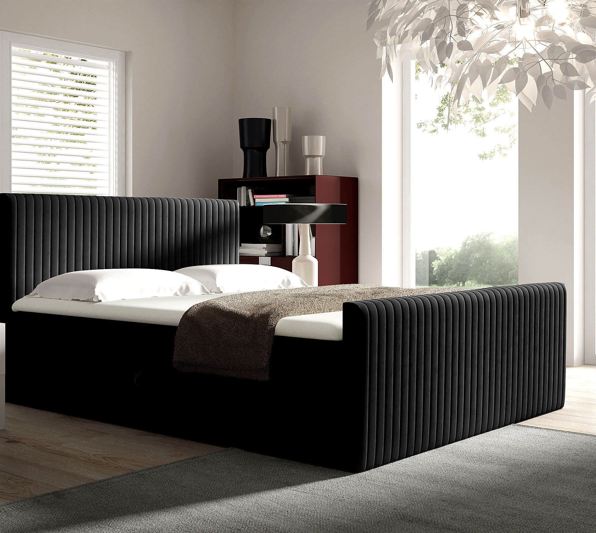 Aranżacja wnętrza z czarnym łóżkiem kontynentalnym Naverro