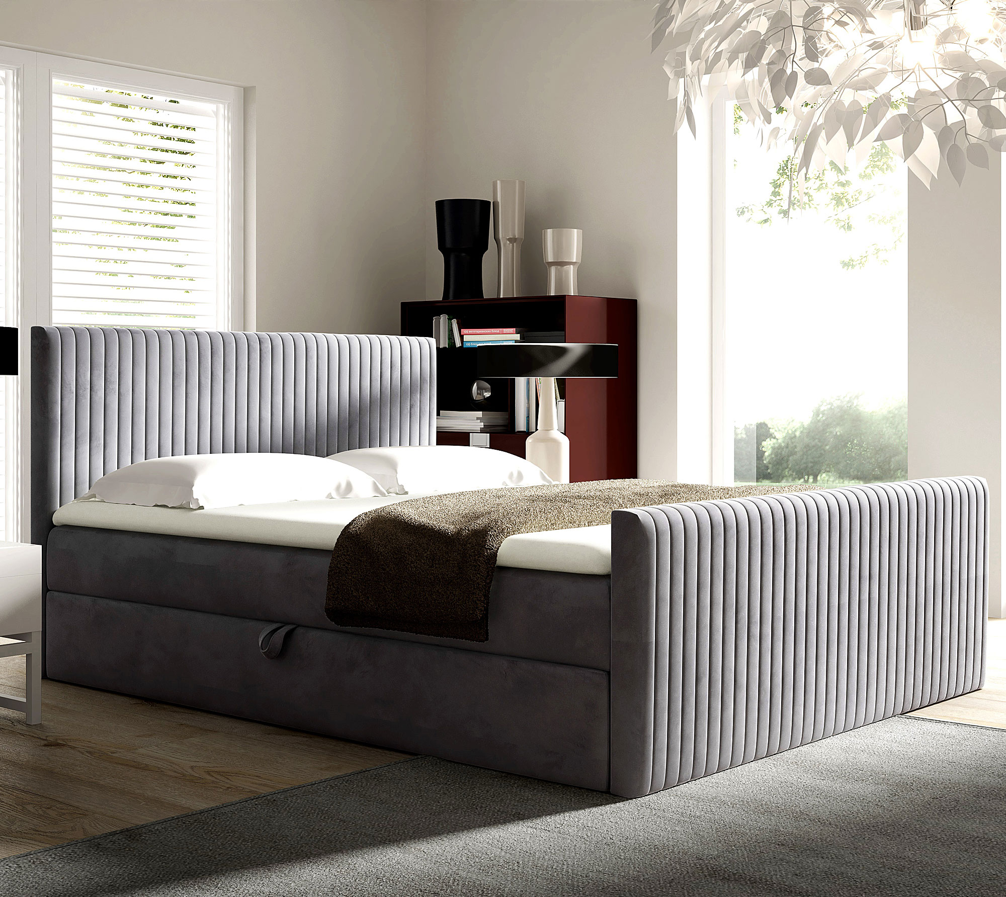Aranżacja wnętrza z szarym łóżkiem kontynentalnym Naverro