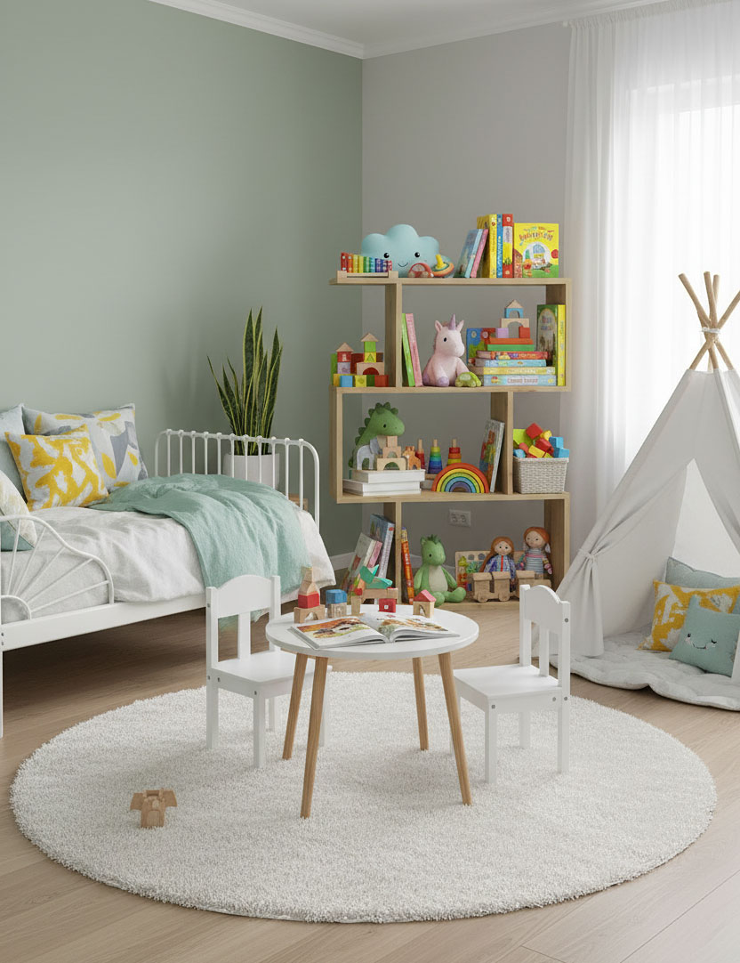 Aranżacja pokoju dziecięcego z regałem na zabawki Karli 2X dąb artisan