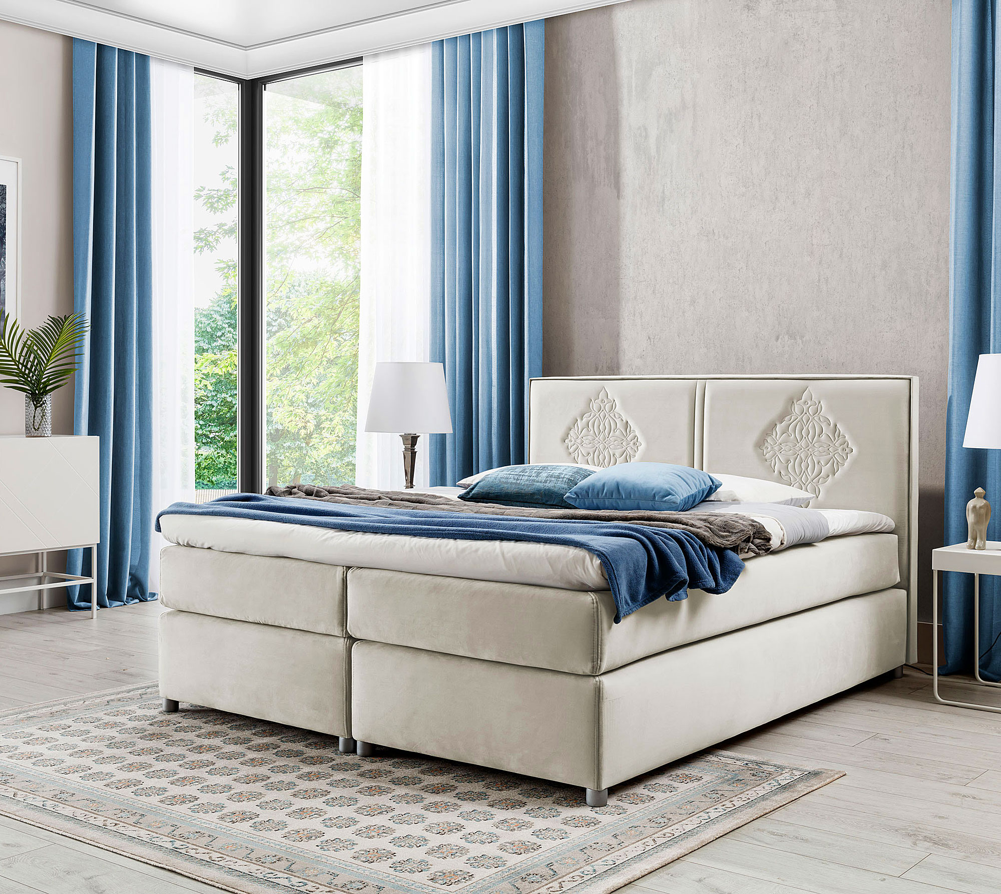 Aranżacja sypialni z beżowym łóżkiem kontynentalnym Folvenna