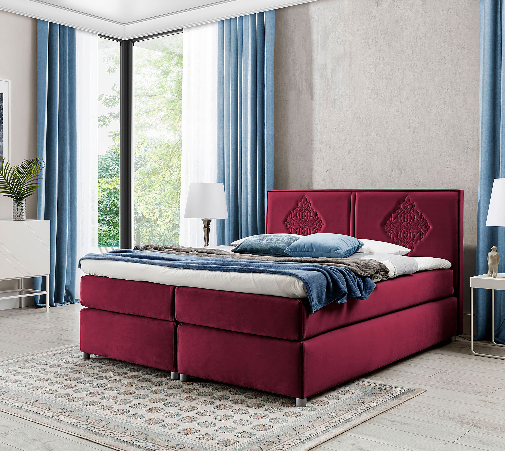 Aranżacja sypialni z czerwonym łóżkiem kontynentalnym Folvenna