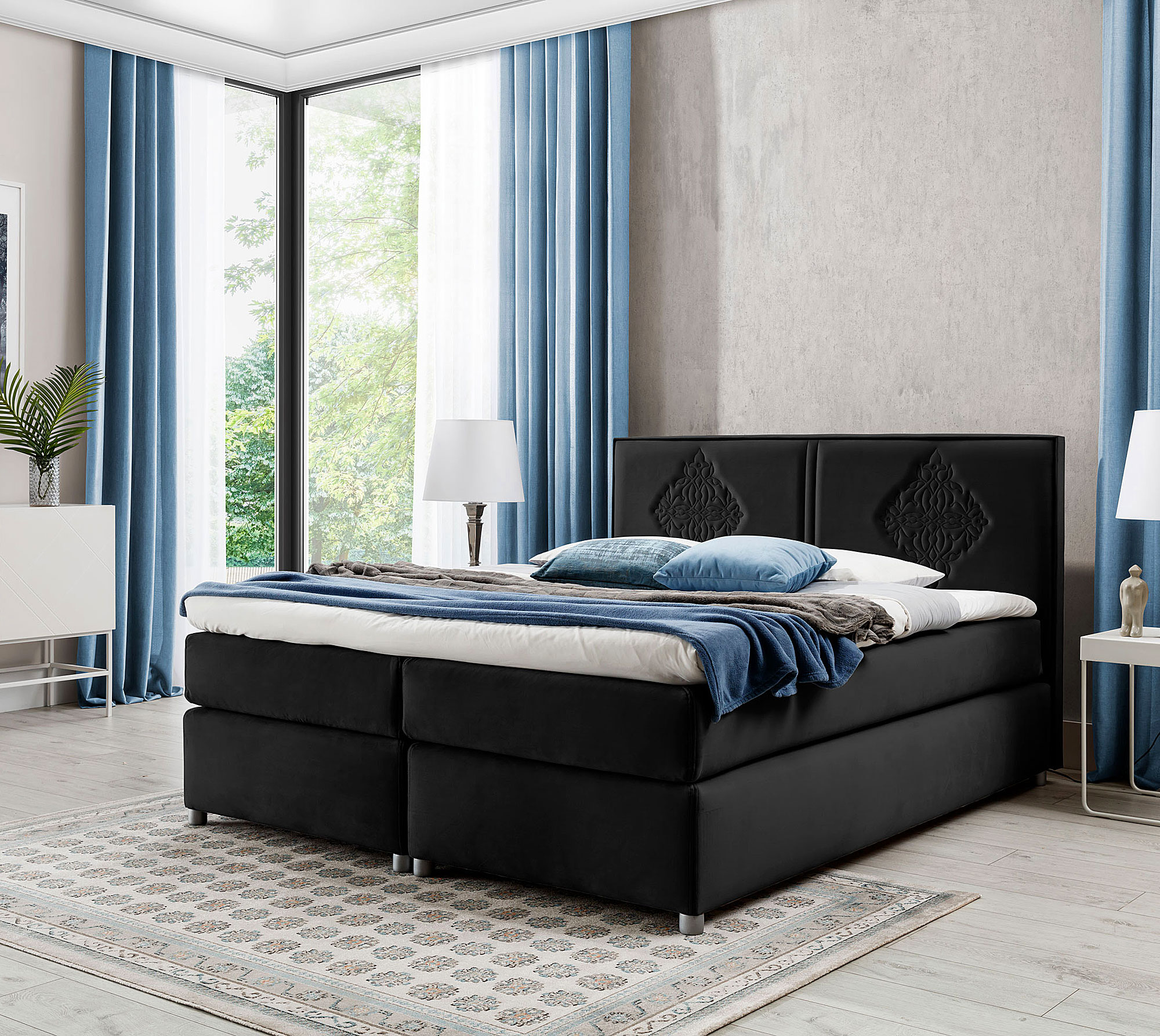 Aranżacja sypialni z czarnym łóżkiem kontynentalnym Folvenna