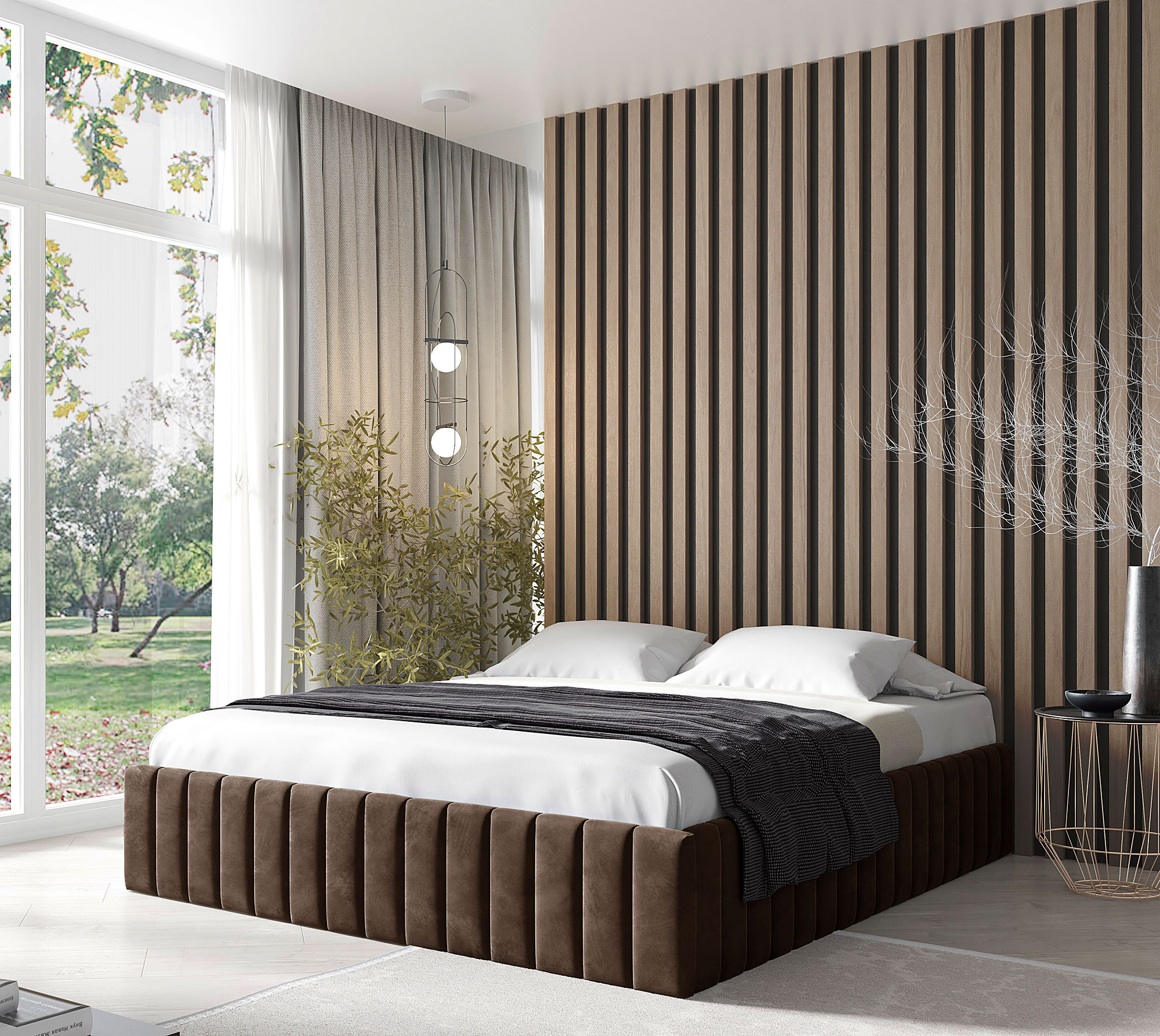 Aranżacja sypialni z brązowym łóżkiem kontynentalnym Tivrro