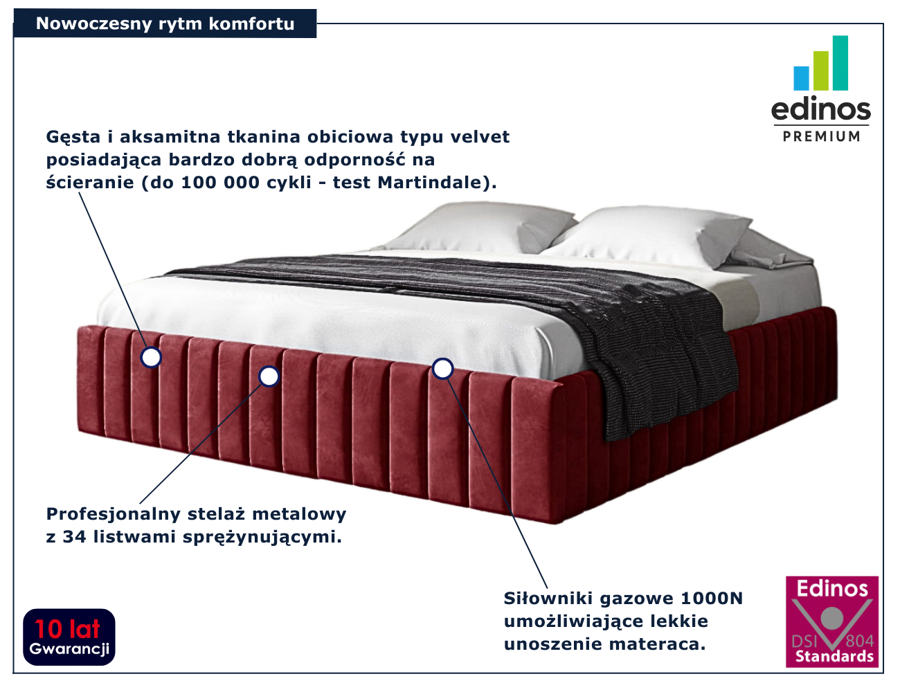 Czerwone łóżko tapicerowane welurem Tivrro