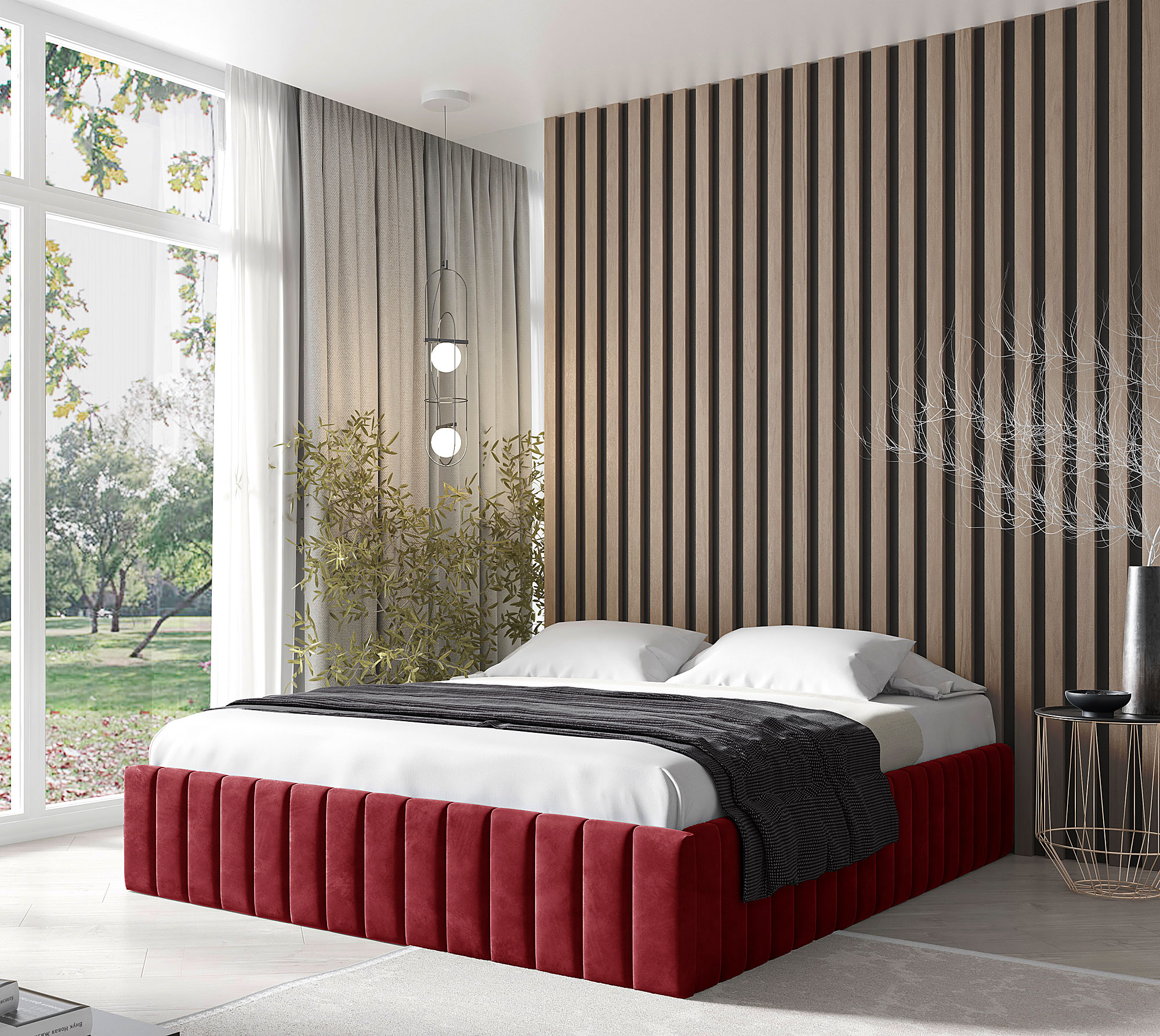 Aranżacja sypialni z czerwonym łóżkiem kontynentalnym Tivrro