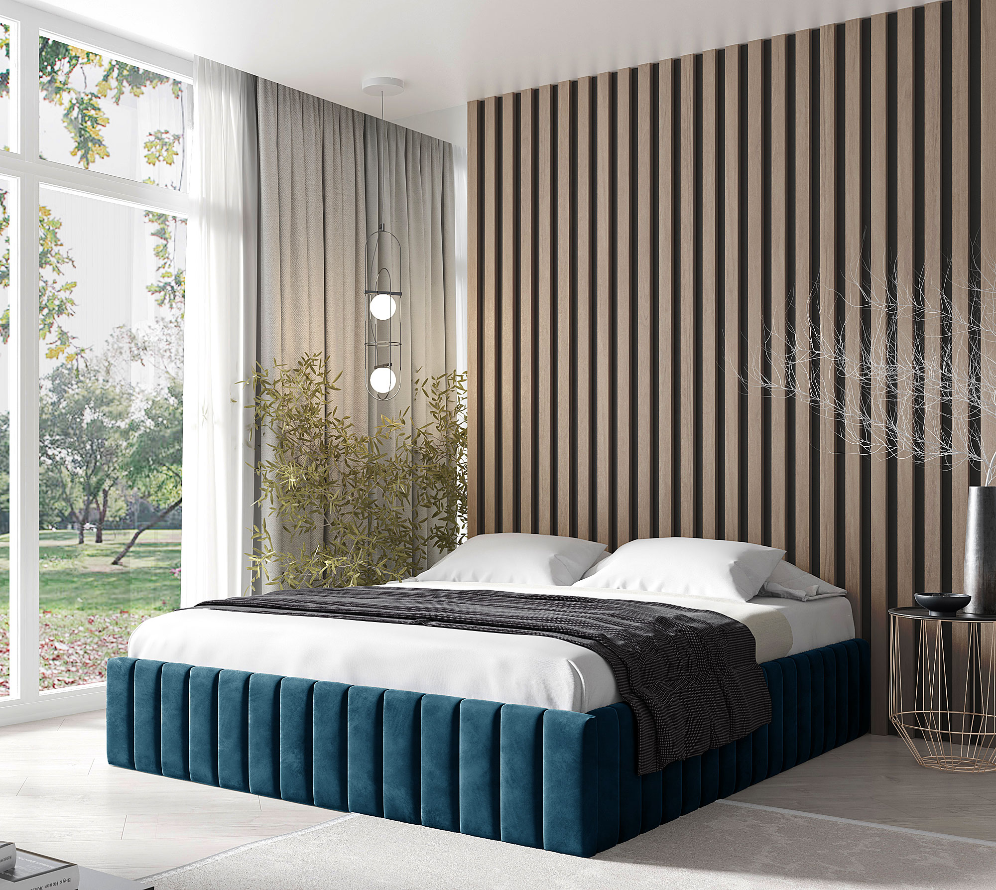 Aranżacja sypialni z granatowym łóżkiem kontynentalnym Tivrro