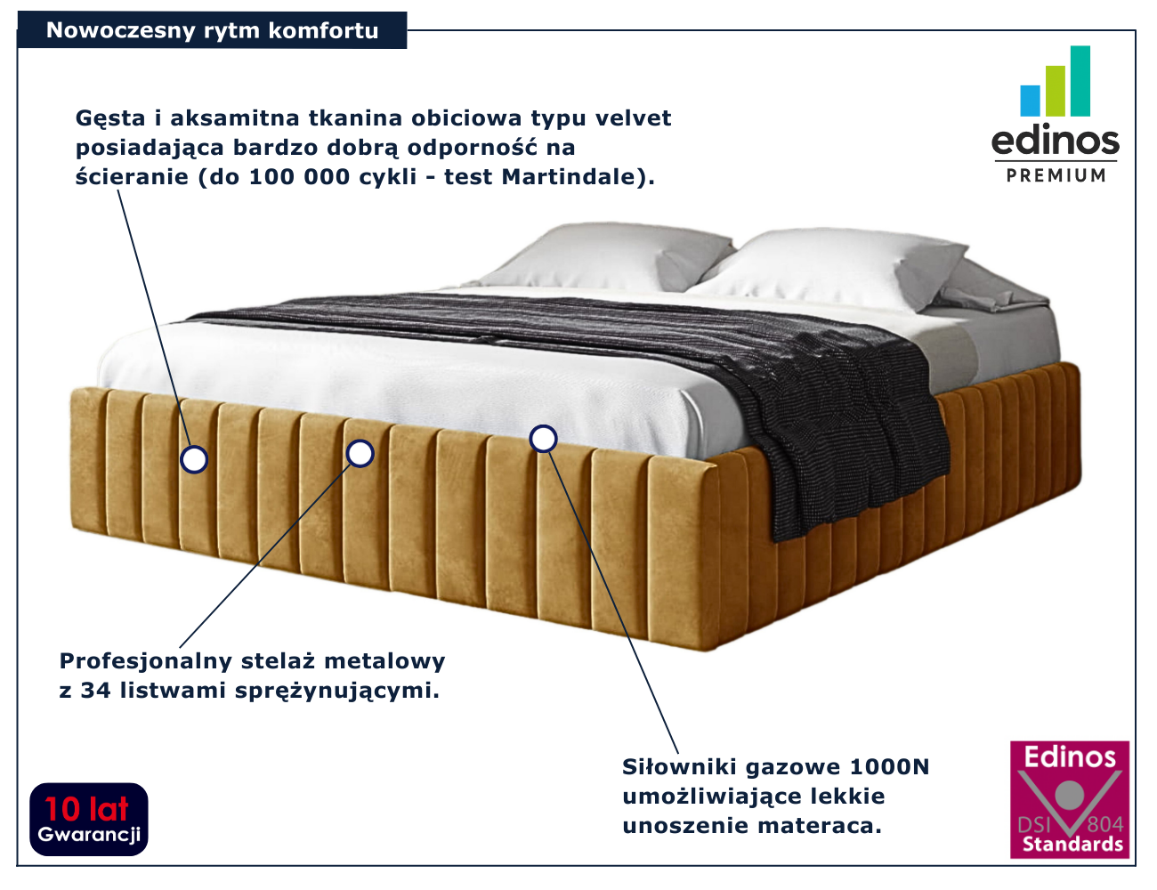 Musztardowe łóżko tapicerowane welurem Tivrro